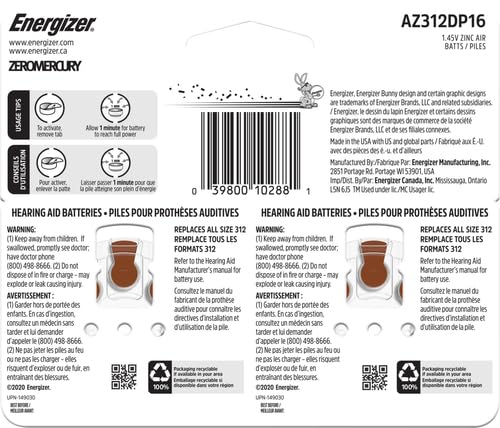 Energizer 312 Hearing Aid Batteries - 16 Count, Long-Lasting Power for Hearing Devices | Perfect for Daily Use, Travel & Outdoor Activities