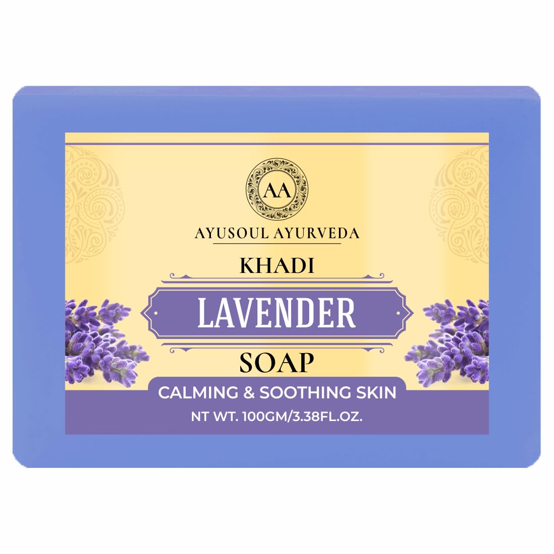 Ayusoul Ayurveda Khadi Herbal Natural Lavender Bath Soap - Soothing & Gentle Cleansing for Dry, Sensitive Skin | 100% Natural Ingredients | Perfect for Relaxing Baths & Aromatherapy
