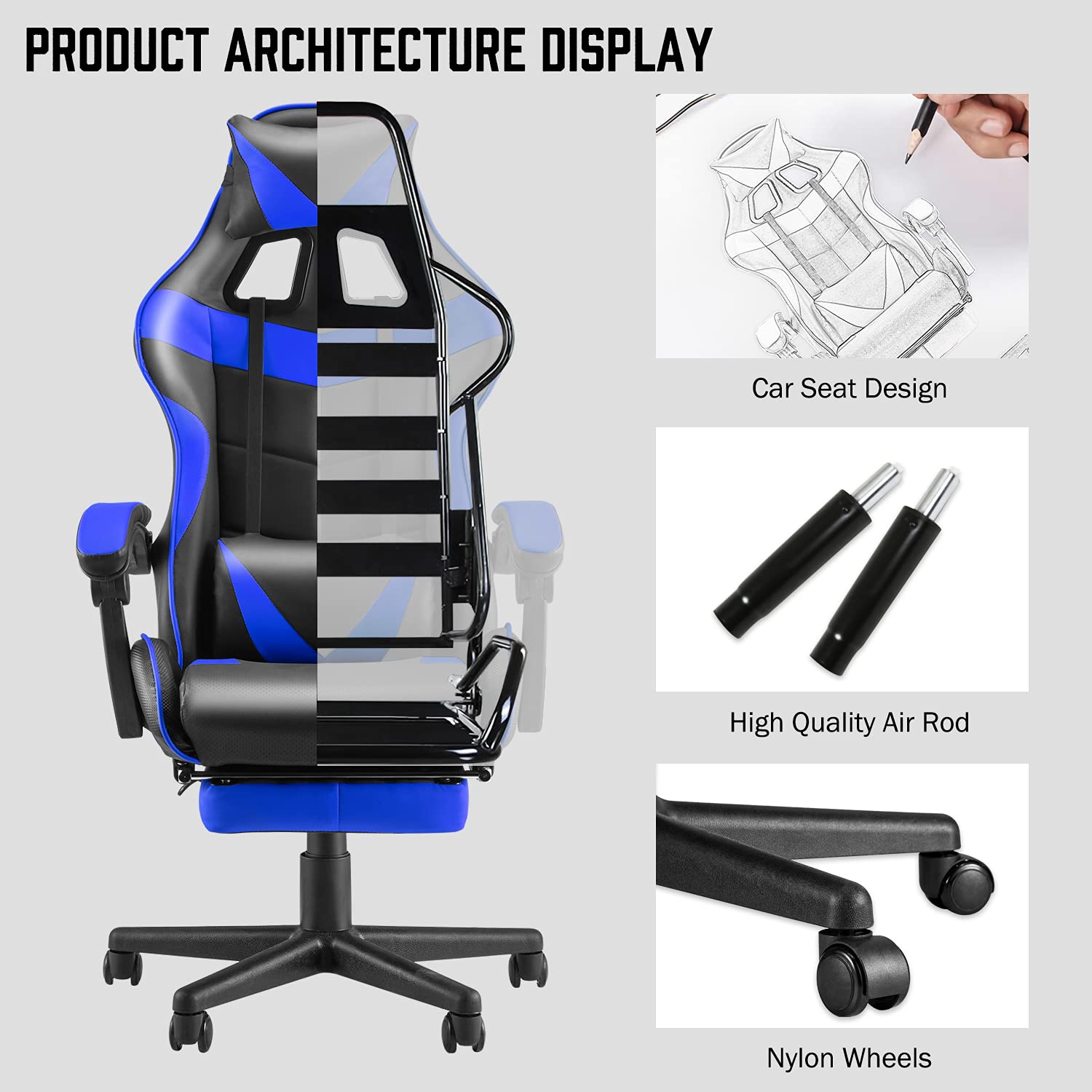 Soontrans Ergonomic Gaming Chair with Adjustable Headrest & Lumbar Support - Blue Computer Game Chair for PC, E-Sports with Retractable Footrest - Perfect for Home Office, Streaming & Pro Gaming Sessions (Storm Blue)