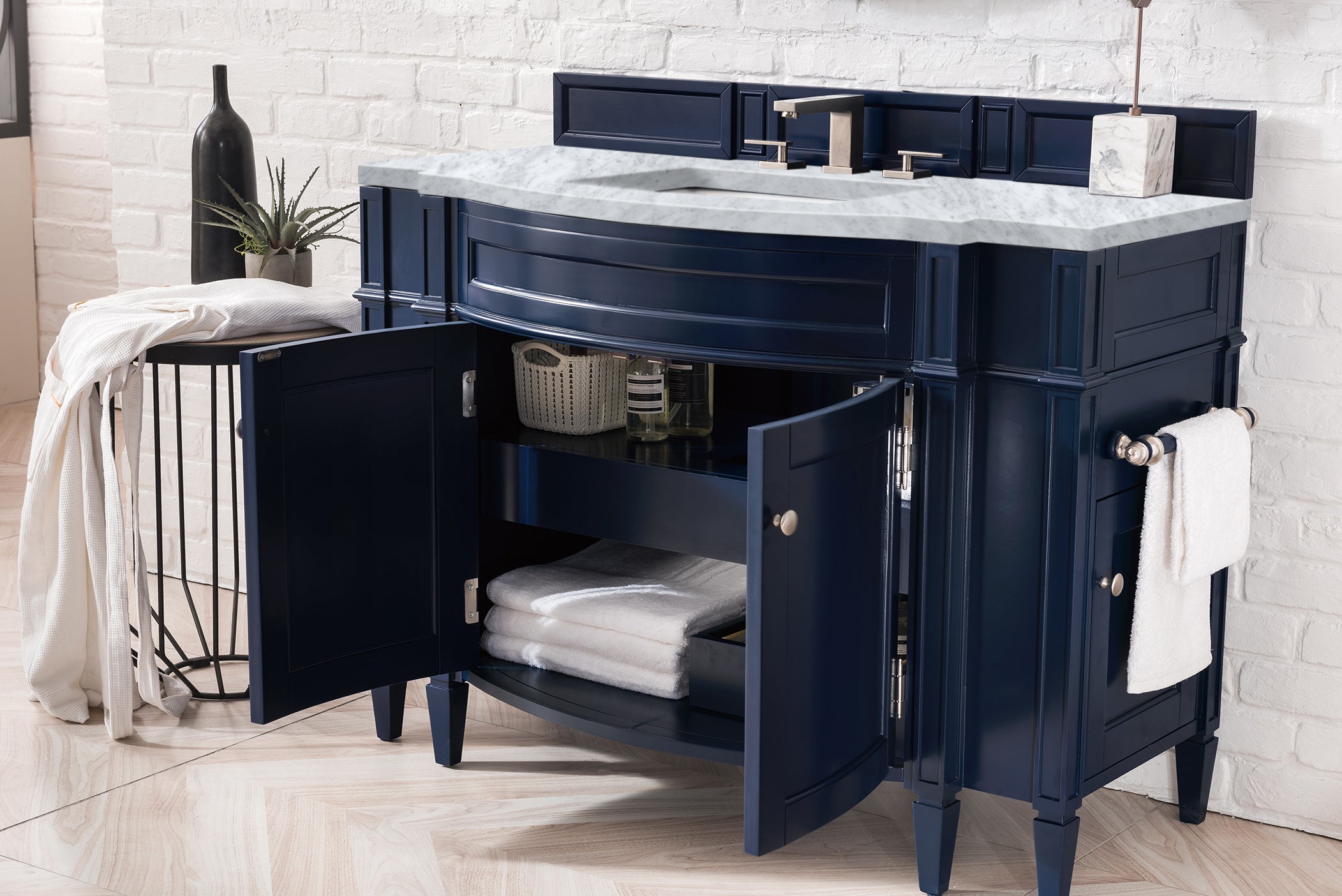 Brittany 46 Inch Single Bathroom Vanity with 3CM Carrara Marble Top in Victory Blue - Perfect for Modern Master Bathrooms & Guest Suites