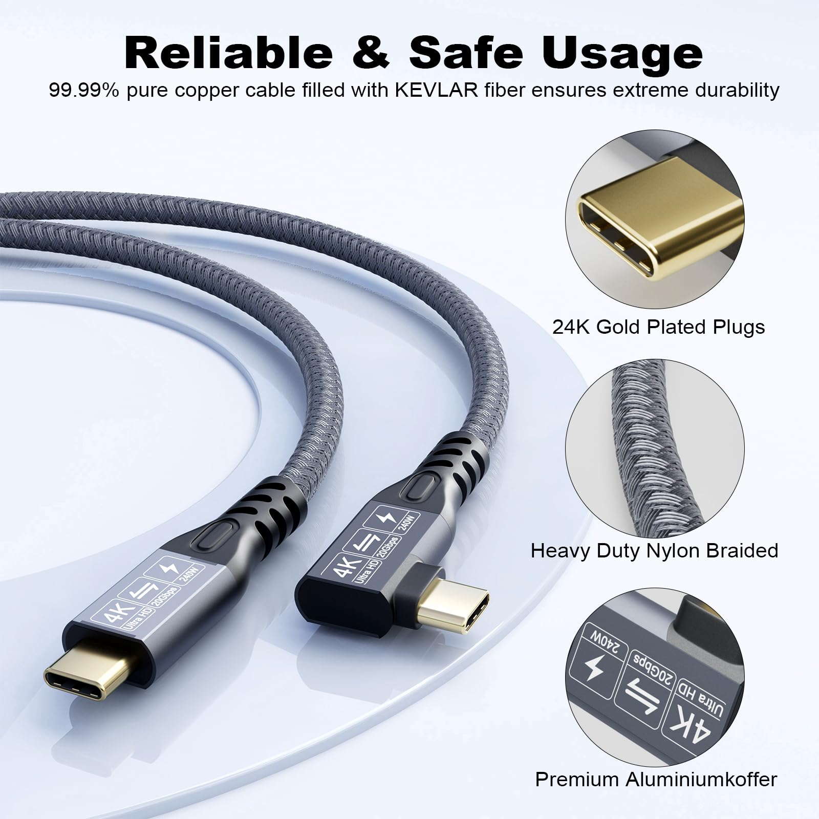 20Gbps USB C 3.2 Gen 2x2 Cable - 90 Degree Right Angle 4K@60Hz UHD Video, 240W PD3.1 Fast Charging Cord with E-Marker - Compatible with Thunderbolt 3/4, iPhone 15 Pro, MacBook (0.5M) - Perfect for Gaming, VR Headsets & High-Speed Data Transfer