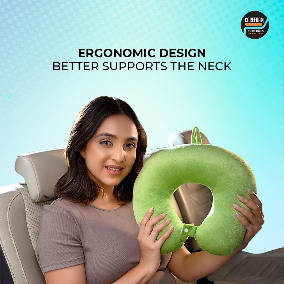 CareFoam Memory Foam Neck Pillow for Travel - Ergonomic Support for Airplane, Car & Train Sleeping - Lightweight Travel Pillow with Premium Velvet Cover for Men & Women (Green) - Perfect for Long Flights, Road Trips & Commuting