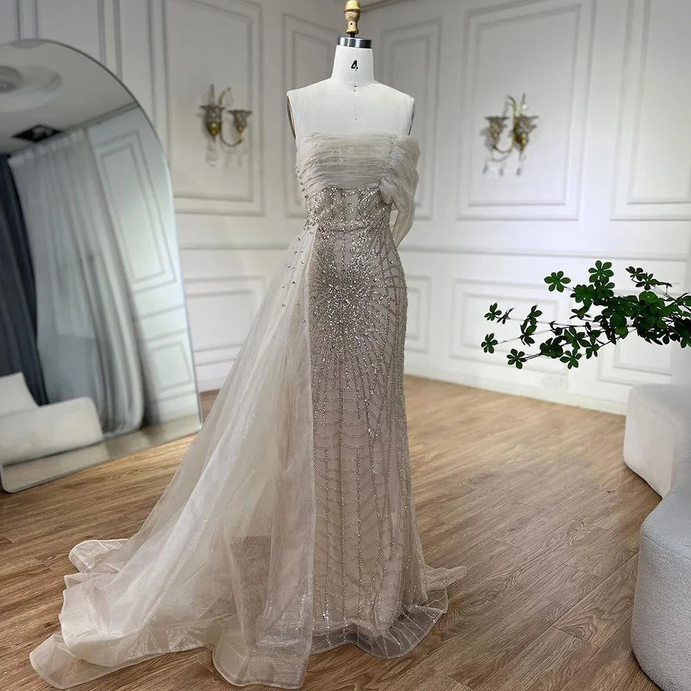 Serene Hill Turquoise Luxury One Shoulder Evening Dress with Side Train & Pearls - Women's Formal Wedding Party Gowns LA72523 | Perfect for Galas, Red Carpet Events & Bridal Showers