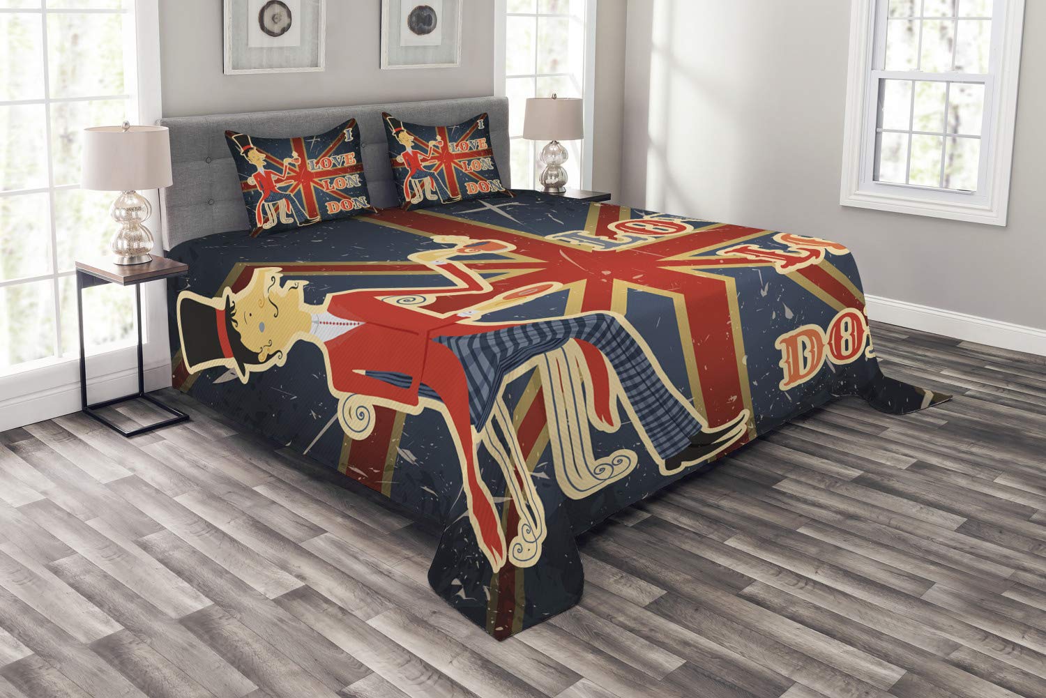 Ambesonne British Bedspread Set - London Themed 3-Piece Bedding with UK Flag & Tea Design, King Size Multicolor Coverlet & 2 Pillow Shams | Perfect for British-Themed Bedrooms, Tea Lovers & Anglophile Decor
