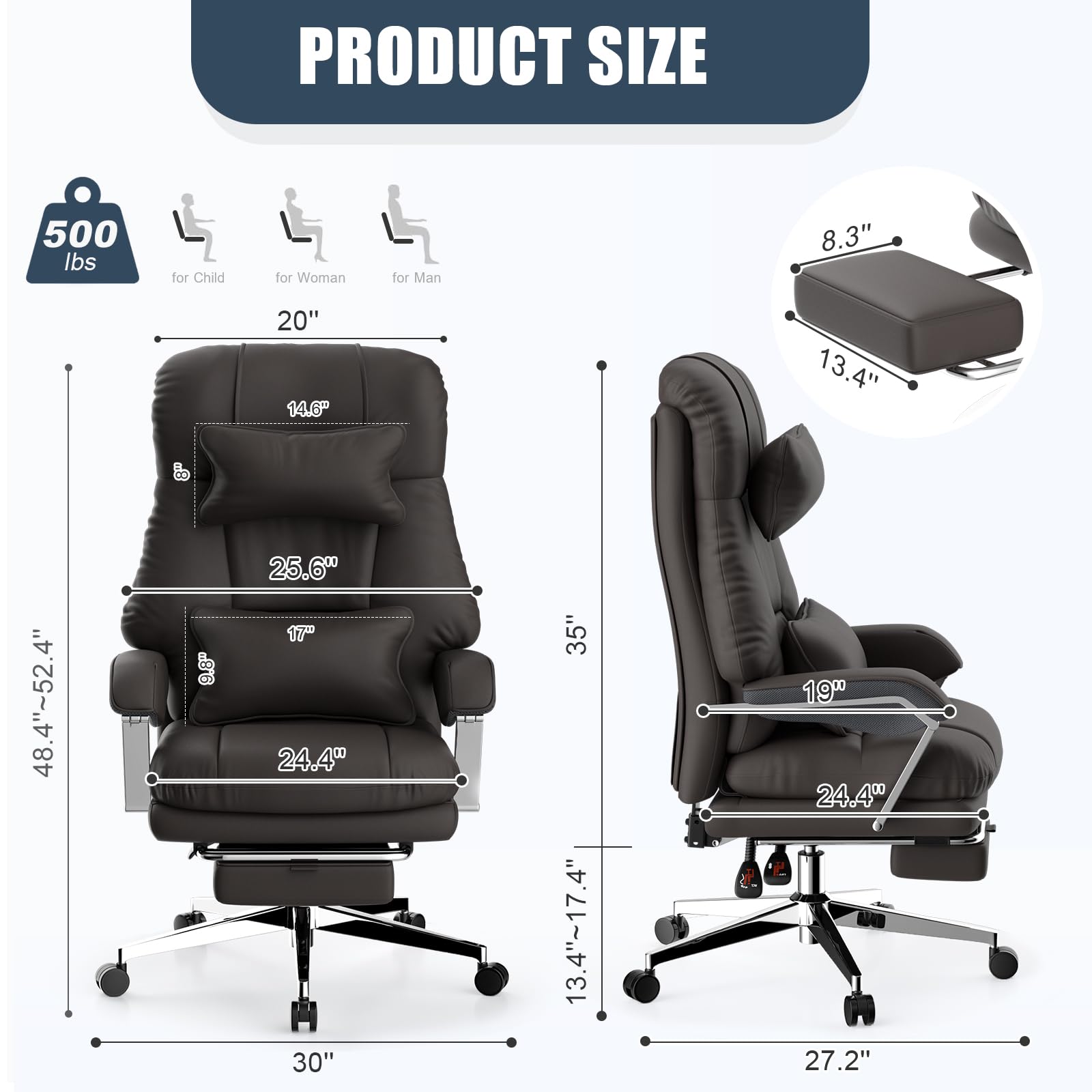 Big and Tall Office Chair for Heavy People 500lbs - High Back Ergonomic Executive Chair with Adjustable Headrest & Footrest - PU Leather Computer Desk Chair for Home Office (Black) - Perfect for Long Work Hours and Gaming Sessions