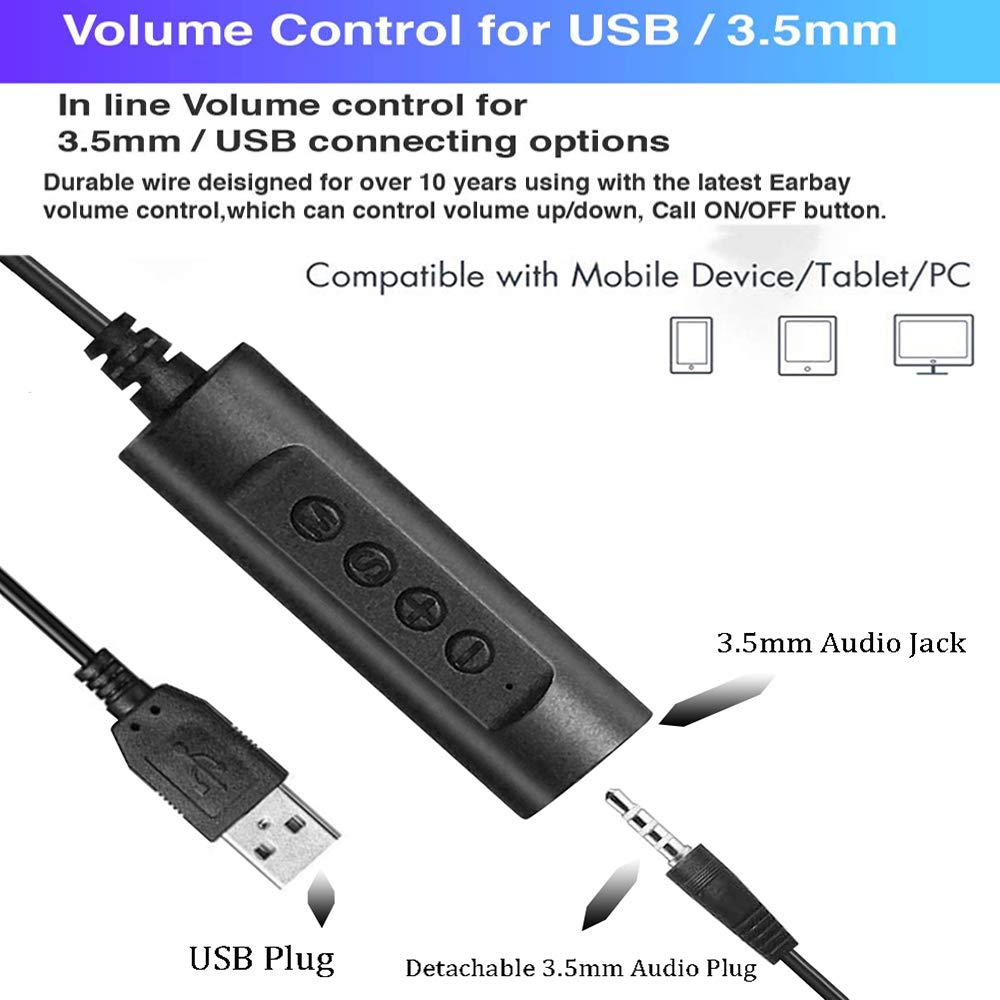 Noise Cancelling USB Headset with Microphone - 3.5mm Jack Computer Headphone for PC, Call Center & Gaming - Single Ear Headset with Audio Controls for Skype, Office Work & Online Meetings (Ideal for Remote Work & Customer Support)