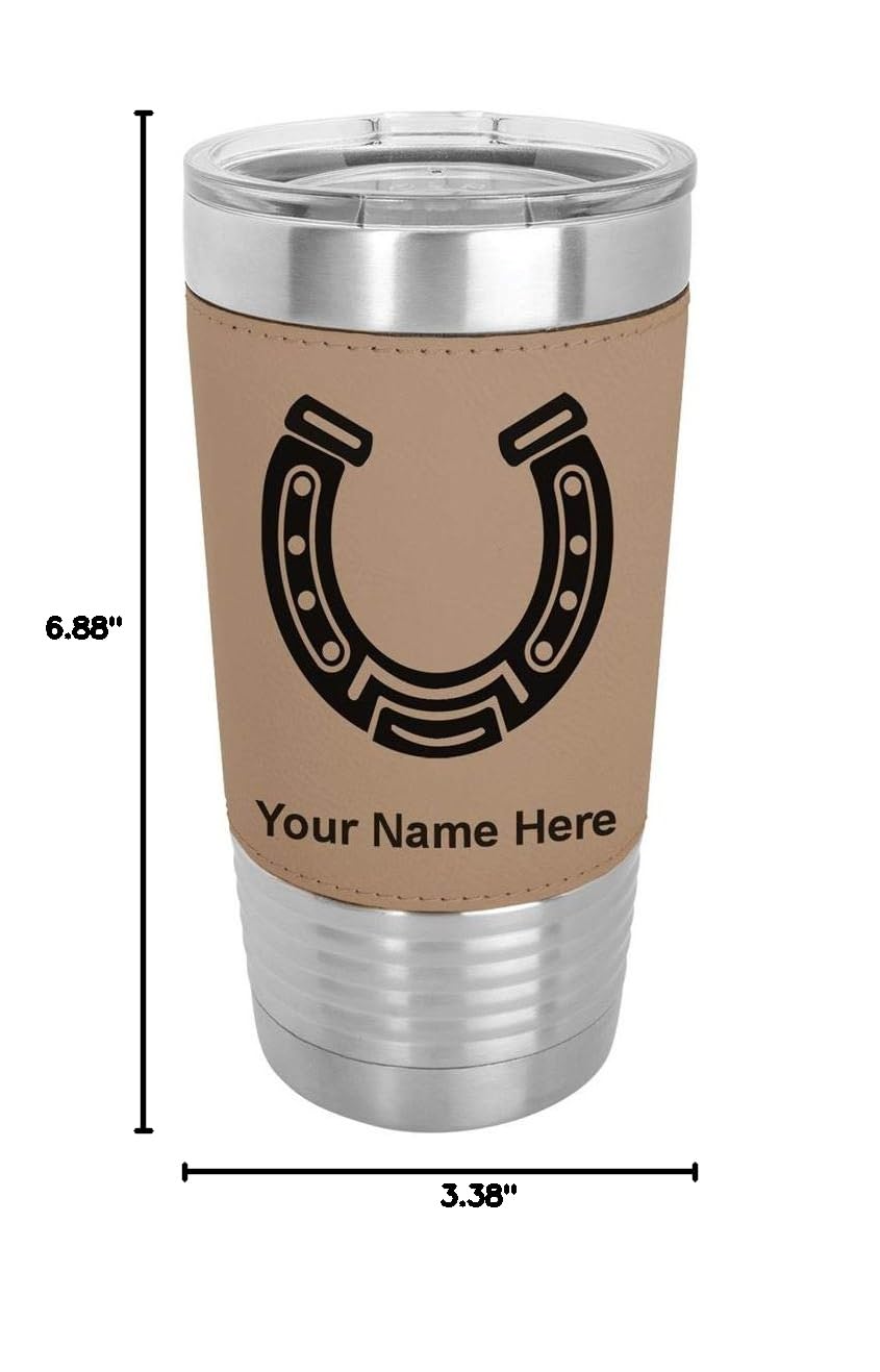 LaserGram 20oz Vacuum Insulated Stainless Steel Tumbler Mug with Personalized Engraving - Horseshoe Design, Faux Leather Wrap, Light Brown - Perfect for Coffee, Tea & Cold Drinks at Home, Office or Travel