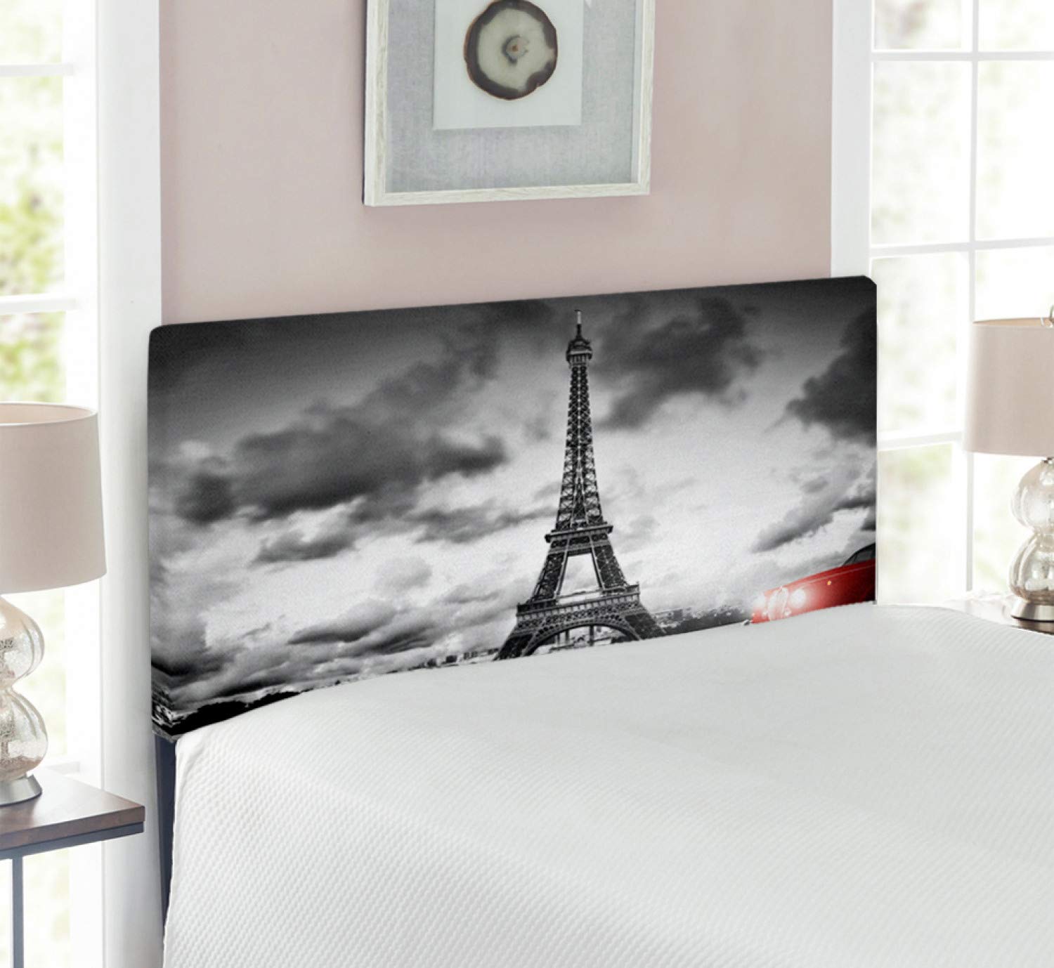 Ambesonne Cars Headboard - Romantic Eiffel Tower Landscape with Red Vehicle Print, Upholstered Metal Bed Headboard with Memory Foam, Twin Size in Red & Grey | Perfect for Kids' Bedrooms, Teen Rooms & Car-Themed Decor