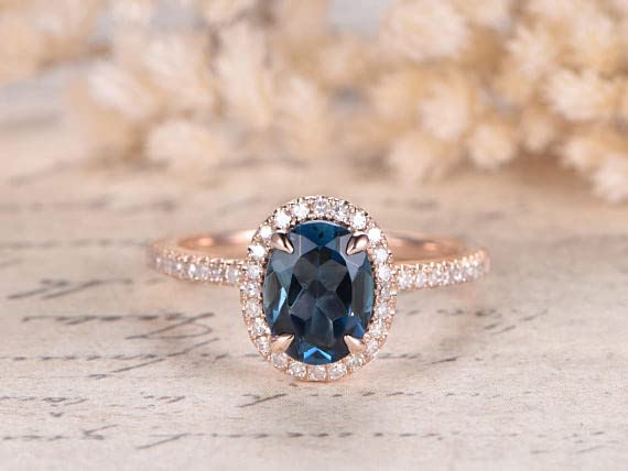 1ct Oval Cut London Blue Topaz Engagement Ring for Women - Simulated Diamond CZ Halo, Rose Gold Plated - Perfect for Proposals, Anniversaries & Special Occasions