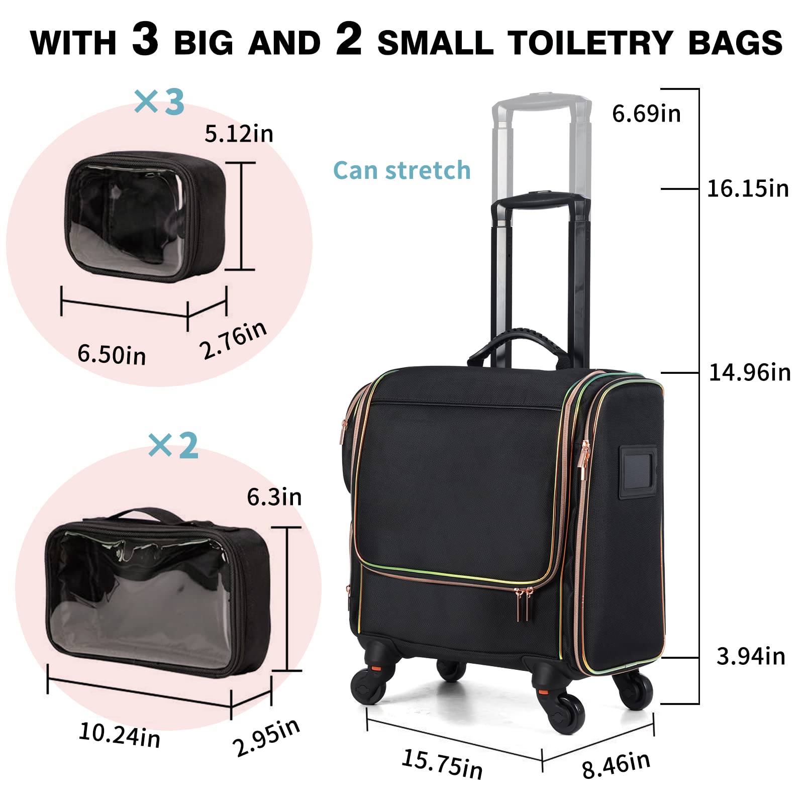 Professional Rolling Makeup Train Case with 5 Toiletry Bags - Travel Cosmetic Organizer for Makeup Artists & Hairstylists - Durable Black Makeup Storage for Salon, Bridal & On-Set Beauty Services