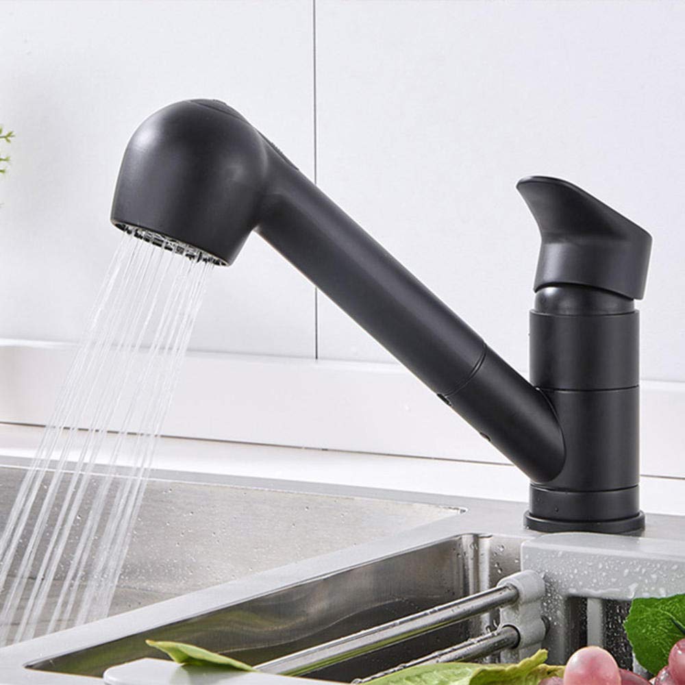 Brass Pull-Out Kitchen Faucet with 2 Spray Modes - Hot & Cold Water, Low Profile Retractable Design for Inward Opening Windows - Matte Black Finish | Perfect for Modern Kitchens & Small Spaces
