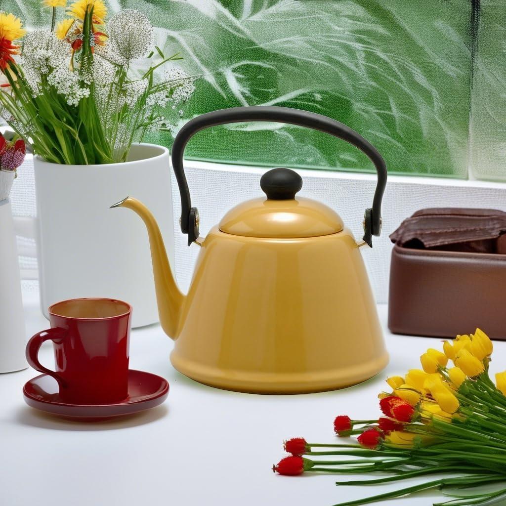 Vintage Noda Horo Drip Kettle II - 2L Retro Enamel Tea Kettle in Yellow | Perfect for Pour Over Coffee & Japanese Tea Ceremony