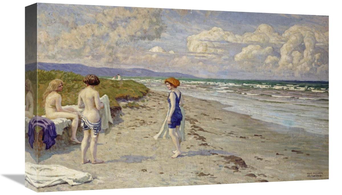 22 Inch Girls Preparing to Bathe on a Beach Art Print by Paul Fischer - Vintage Coastal Wall Decor for Bedroom, Bathroom & Beach House