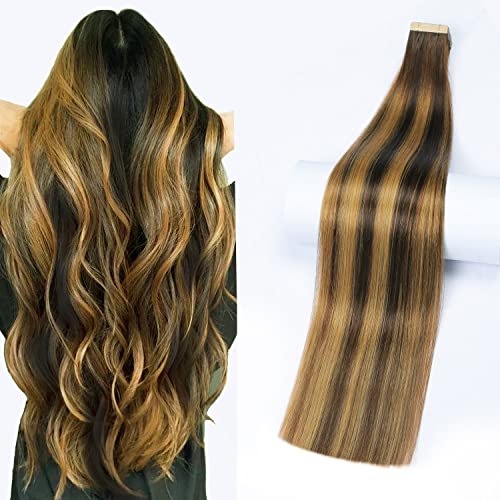 ShowJarlly 24 Inch Tape in Hair Extensions - 100% Remy Human Hair, Balayage Chocolate Brown Mixed Honey Blonde, Super Sticky Tape Ins, 20pcs for Women | Perfect for Daily Wear, Parties, Weddings & Special Occasions