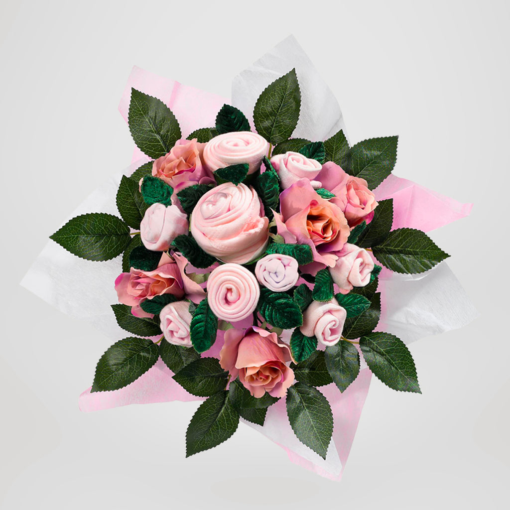 Hand Tied Baby Clothes Bouquet - Pink Floral Arrangement for Newborn Gifts, Baby Showers & Nursery Decor