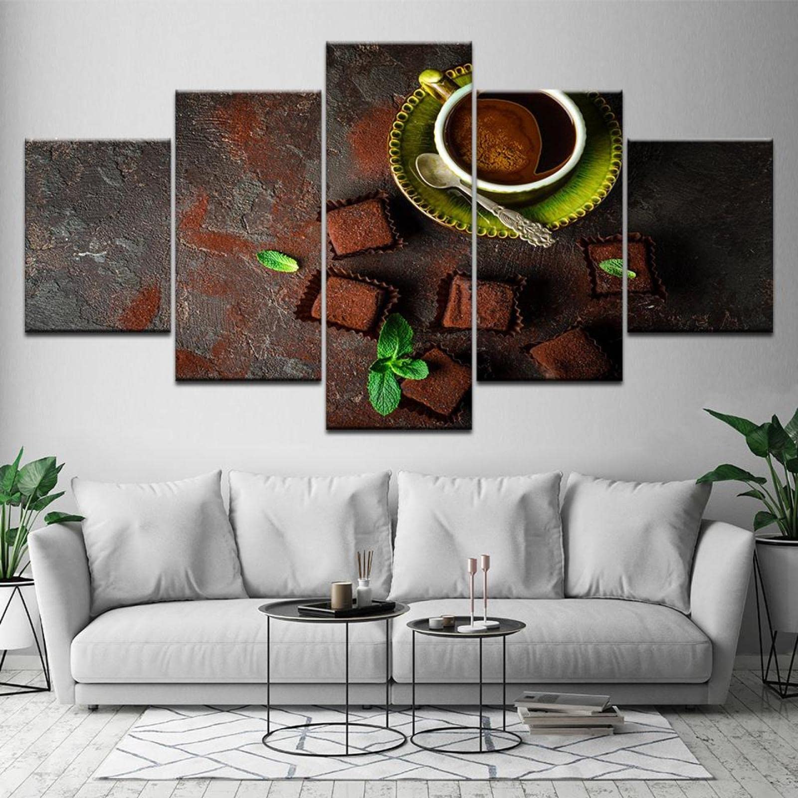 5-Piece Modern Canvas Wall Art Set - Coffee & Green Leaves Paintings, Stretched & Framed Prints for Home Decor | Perfect for Living Room, Bedroom & Office