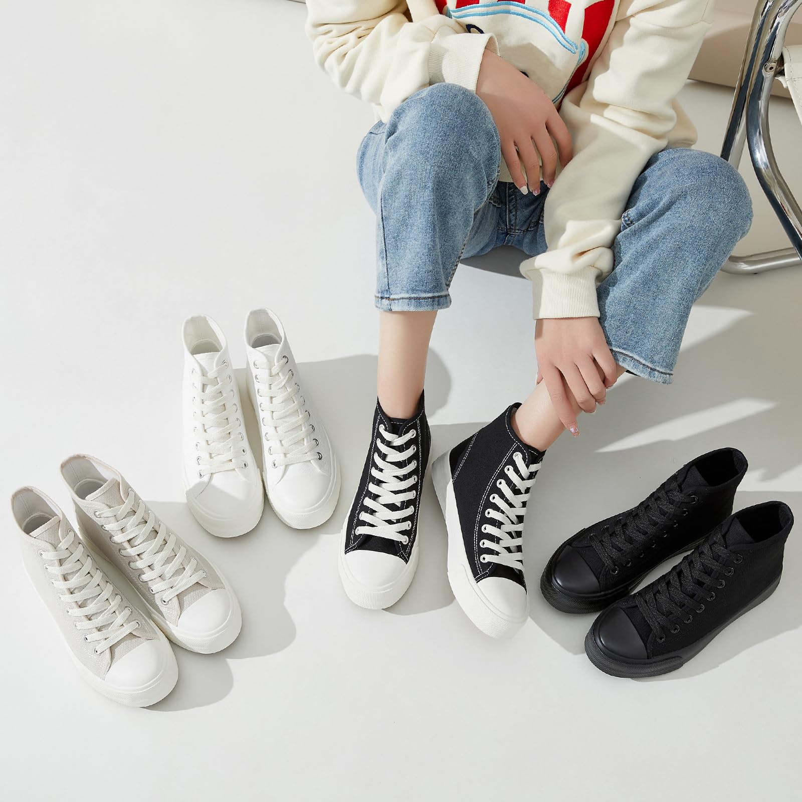 Uoidru Women's High Top Canvas Sneakers - White Lace Up Casual Fashion Shoes for Walking, Running & Everyday Wear