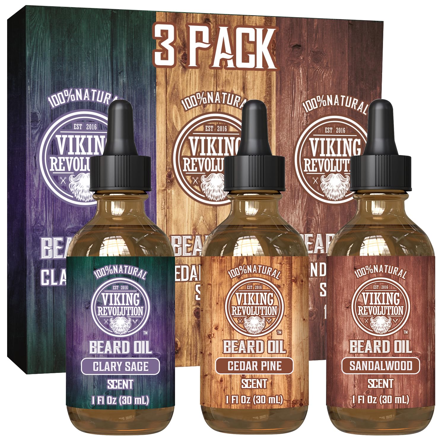 Viking Revolution Beard Oil for Men 3 Pack - Natural Beard Oil Variety Set with Sandalwood, Pine & Cedar Scents - Conditioning & Moisturizing Beard Oil for Soft, Healthy Facial Hair - Perfect for Daily Grooming, Beard Care & Styling (3 x 1oz)