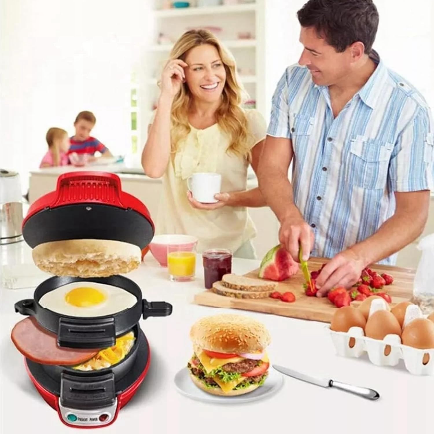 600W Electric Raf Burger Maker & Breakfast Sandwich Press with Egg Cooker Ring - Silver Grey Waffle Maker for Quick Meals, Burgers & Sandwiches - Perfect for Home Kitchen, Camping & Office Snacks