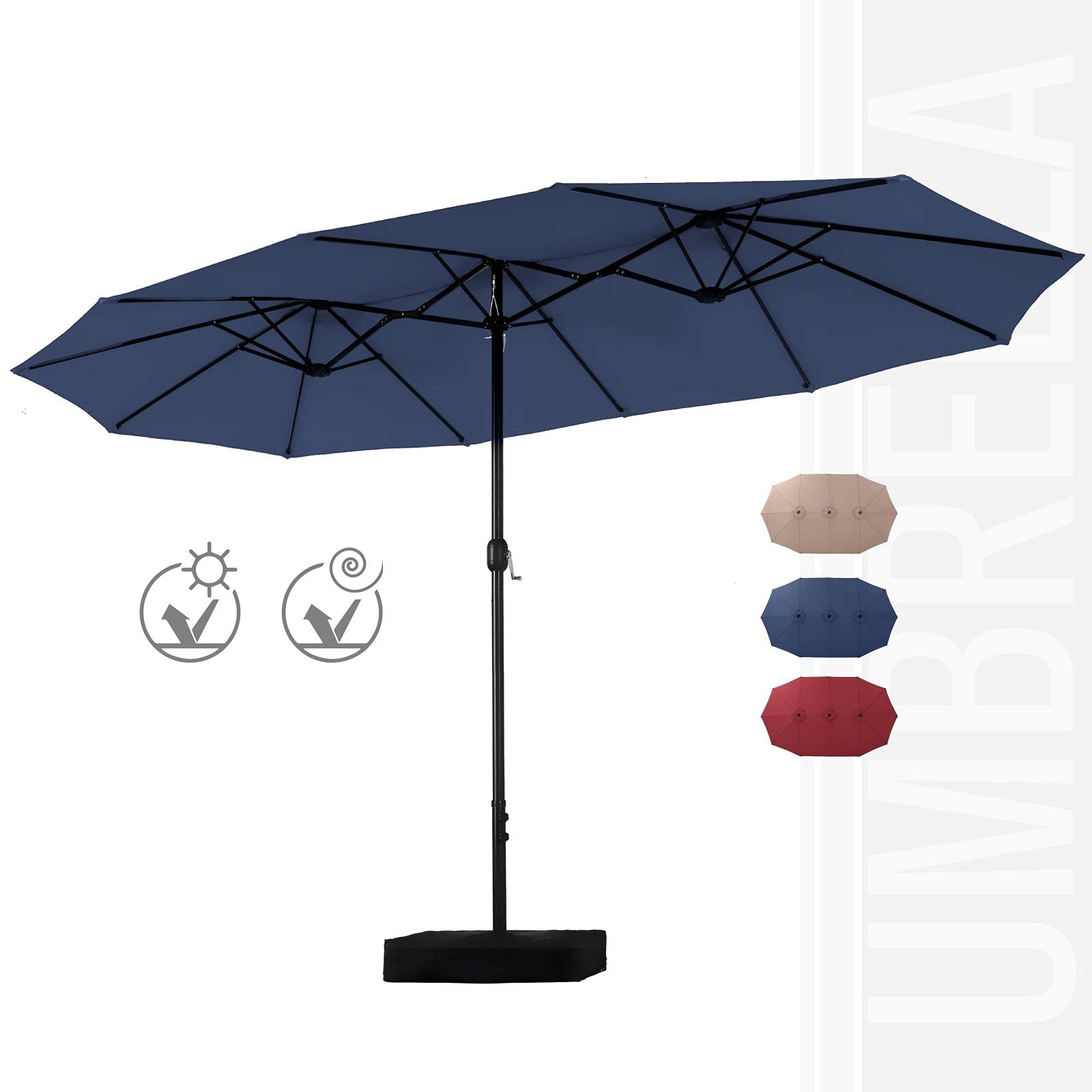 PHI VILLA 15ft Large Outdoor Patio Umbrella - Double-Sided Market Umbrella with Easy Crank Lift, Heavy Duty Steel Frame & UV Protection - Includes Free Umbrella Base Stand (Blue) - Perfect for Poolside, Backyard, Beach, Restaurant & Outdoor Dining Areas