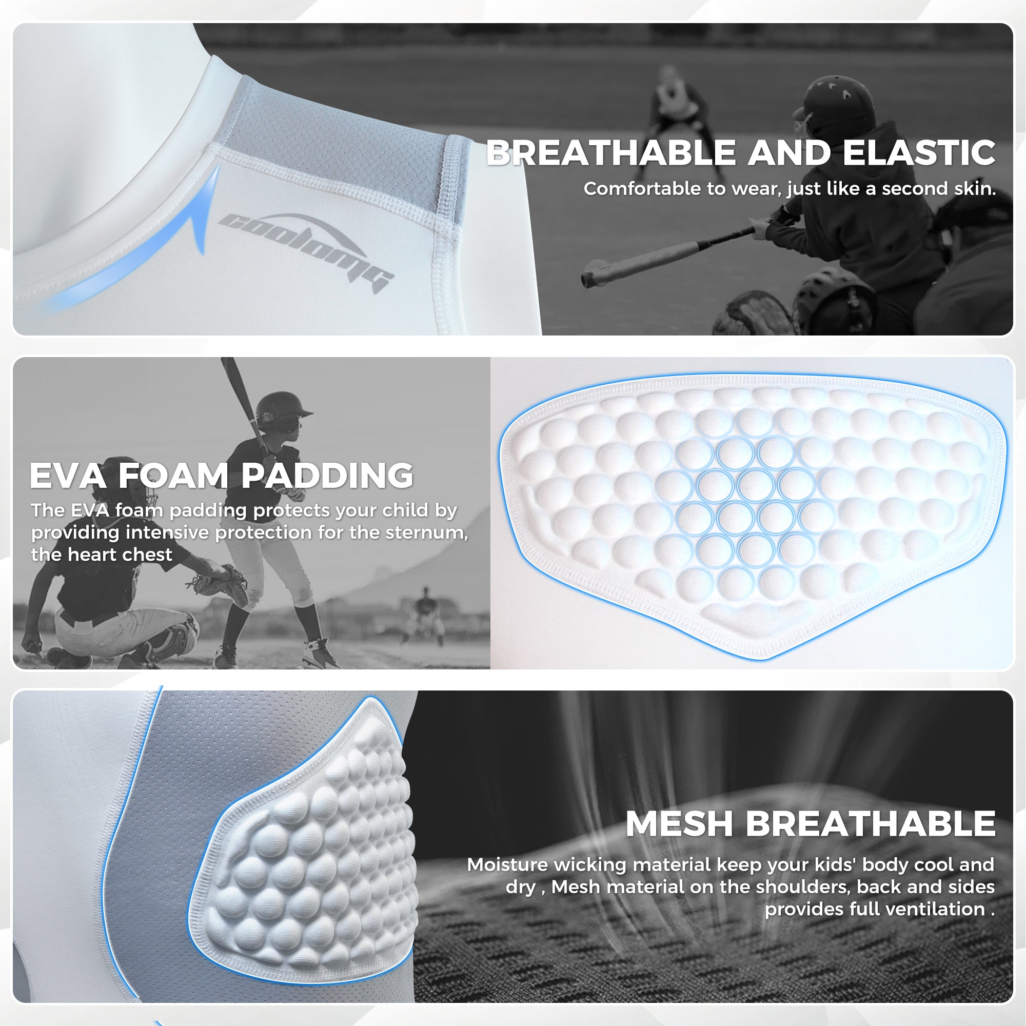 COOLOMG Men's Baseball & Football Padded Compression Shirt - Chest Rib Protector with Sternum Guard for Rugby, Lacrosse & Contact Sports - Breathable Impact Protection for Athletes (Perfect for Training, Games & High-Impact Sports)
