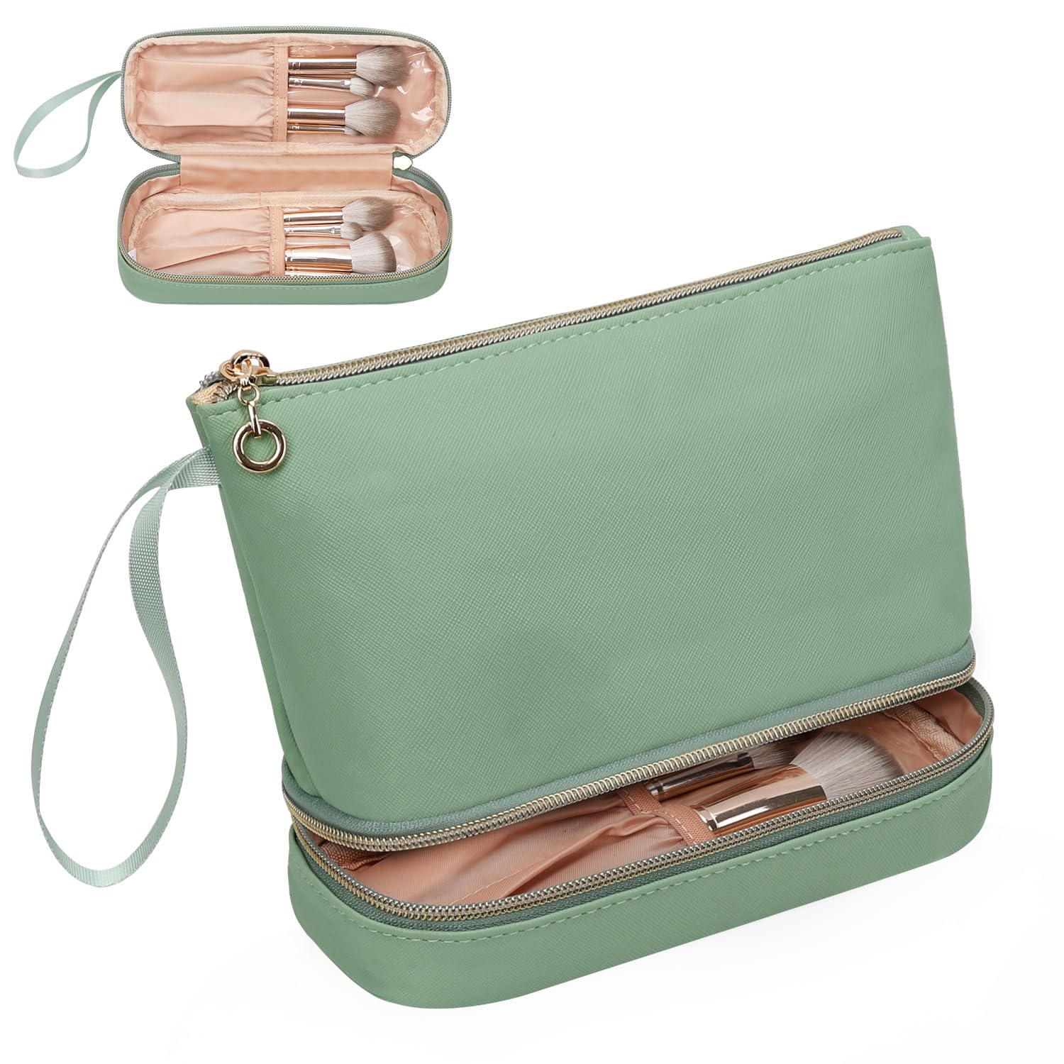 Ethereal Small Makeup Bag for Women - Double Layer Travel Cosmetic Organizer with Brush Pouch | Portable Waterproof Makeup Case for Travel, Gym & Daily Use