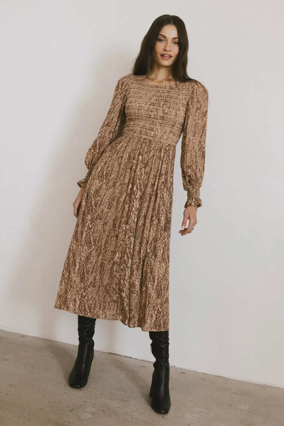 Justice Abstract Print Midi Dress in Brown - Boho Chic Flowy Dress for Women | Perfect for Casual Outings, Parties & Summer Vacations