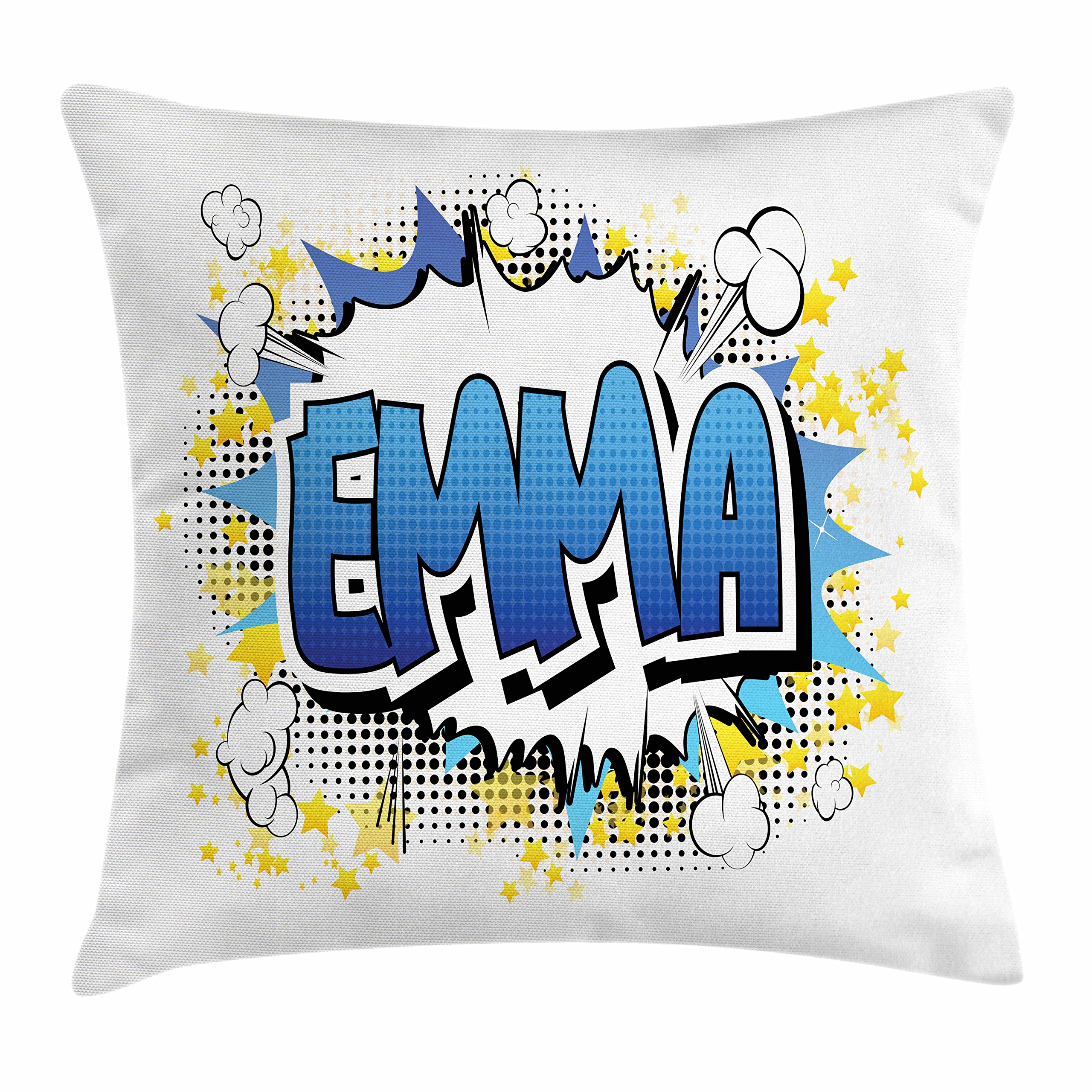 Ambesonne Emma Throw Pillow Cover 16x16 Inch - Vibrant Cartoon Stars & Burst Design for Teen Girls Room Decor, Blue Yellow & Black Square Accent Cushion Case | Perfect for Bedroom, Dorm, or Living Room Decoration