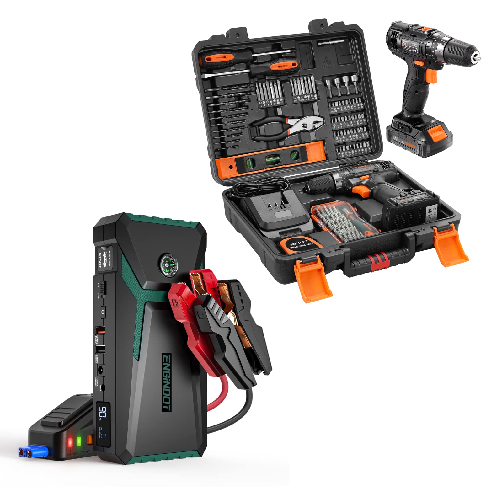ENGiNDOT 108-Piece 20V Cordless Drill & Home Tool Set with Jump Starter for Cars Up to 7.0L Gas/5.5L Diesel - Complete Auto Accessories Kit for Emergency Roadside Assistance & DIY Home Repairs