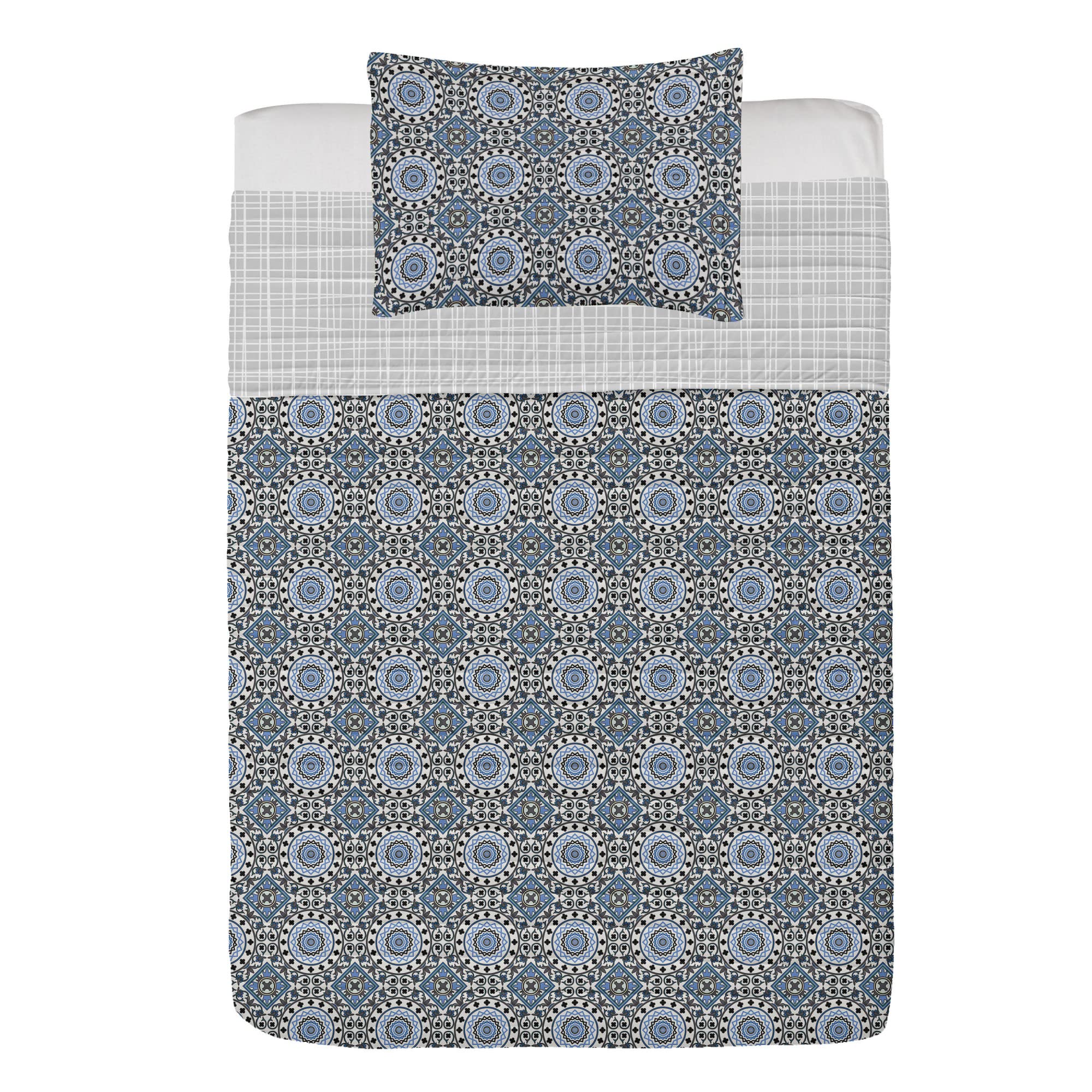Ambesonne Reversible Bedspread Set - Twin Size, Retro Mosaic Ceramic Design, Ethnic Print Microfiber Bedding with Pillow Shams, White Grey Blue | Bohemian Home Decor, Bedroom Upgrade, Guest Room Essentials