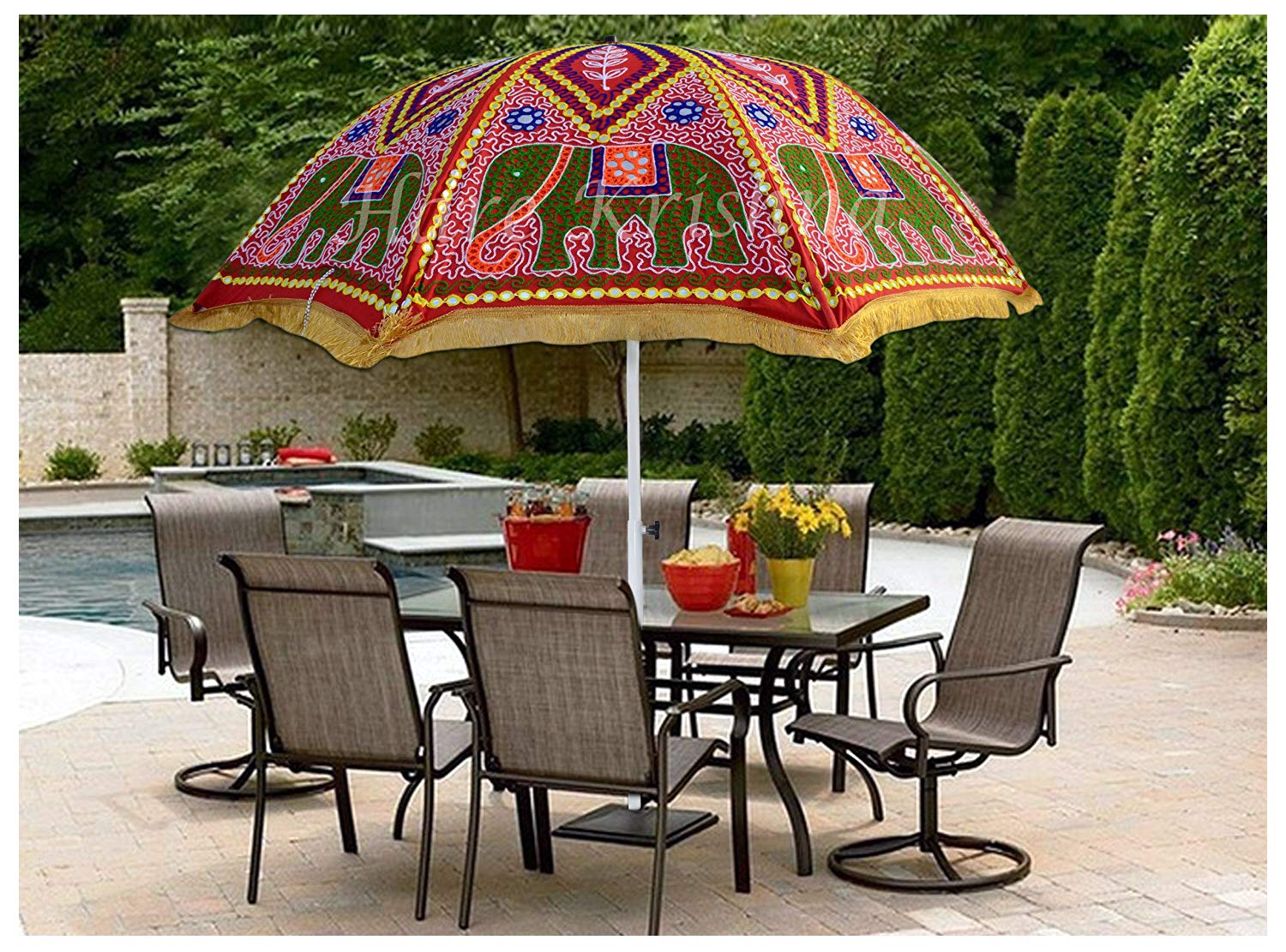 Handmade Mirror Work Large Garden Sun Umbrella - Indian Peacock Design Patio Umbrella for Beach, Cafe & Outdoor Shade - Cotton Canopy Parasol (Red Elephant) - Perfect for Backyard, Poolside & Restaurant Outdoor Seating