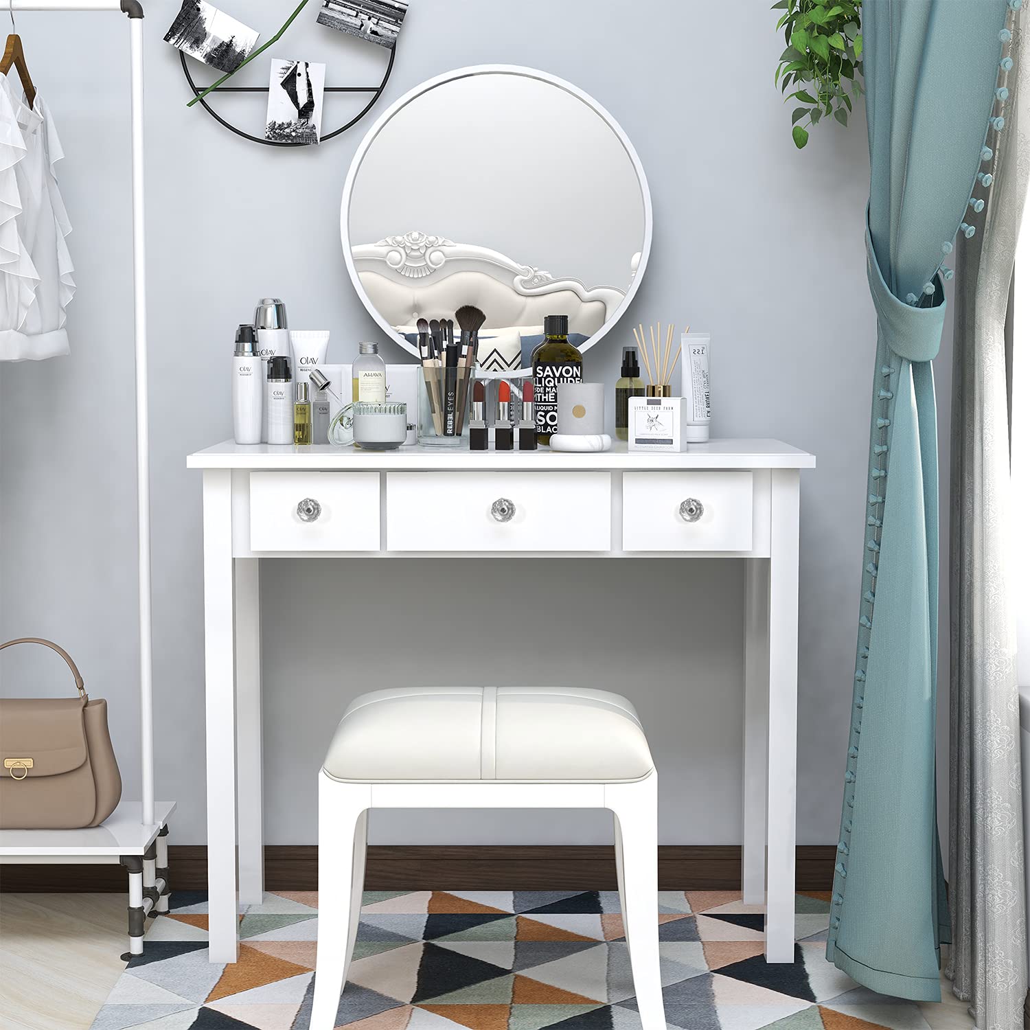 STHOUYN Compact White Writing Desk with Drawers - Space-Saving Home Office Desk, Study Table for Adults & Students, Vanity Makeup Dressing Table - Perfect for Small Bedrooms, Apartments & Dorm Rooms (White)