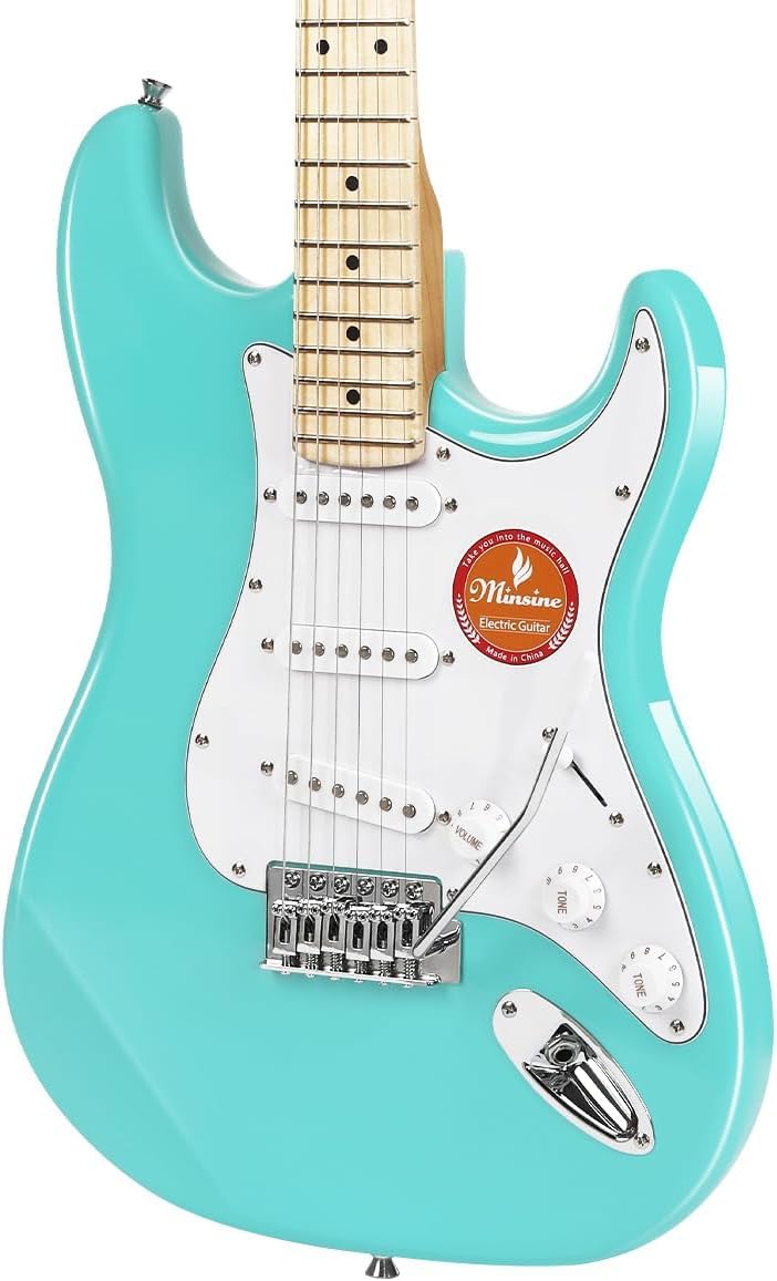 39 Inch Full Size Electric Guitar with Solid Body & S-S-S Pickups - 6 String Beginner Guitar Kit Includes Gig Bag, Strap, Tremolo Arm, Cable & Picks (Green, Model MS100) - Perfect for Beginners, Practice, Live Performances & Home Recording