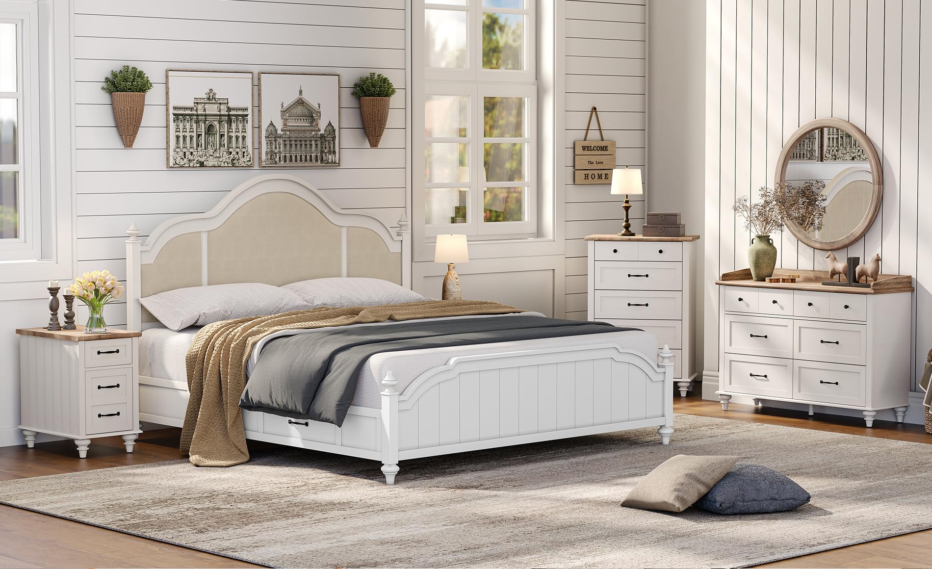 WAMPAT White End Table with Charging Station - Nightstand with Storage Cabinet, Drawer, Power Outlets & USB Ports - Perfect for Bedroom, Living Room, Office - Modern Wood Side Table for Phone Charging & Home Organization