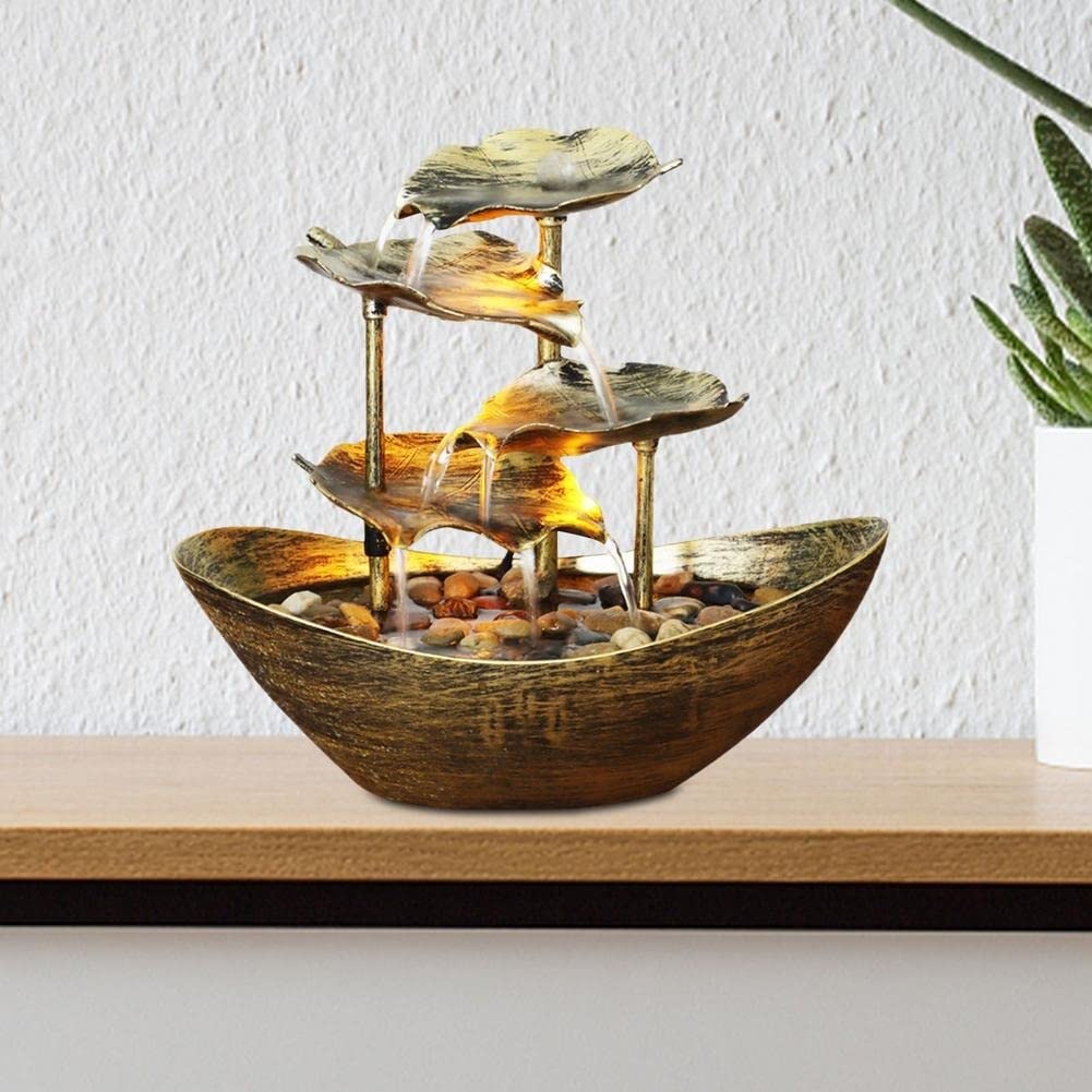 Gold Desktop Water Fountain Lamp - Decorative Tabletop Fountain with LED Lights, Lotus Leaf Design for Home, Office, Porch & Meditation Spaces | Relaxing Indoor Waterfall Decor