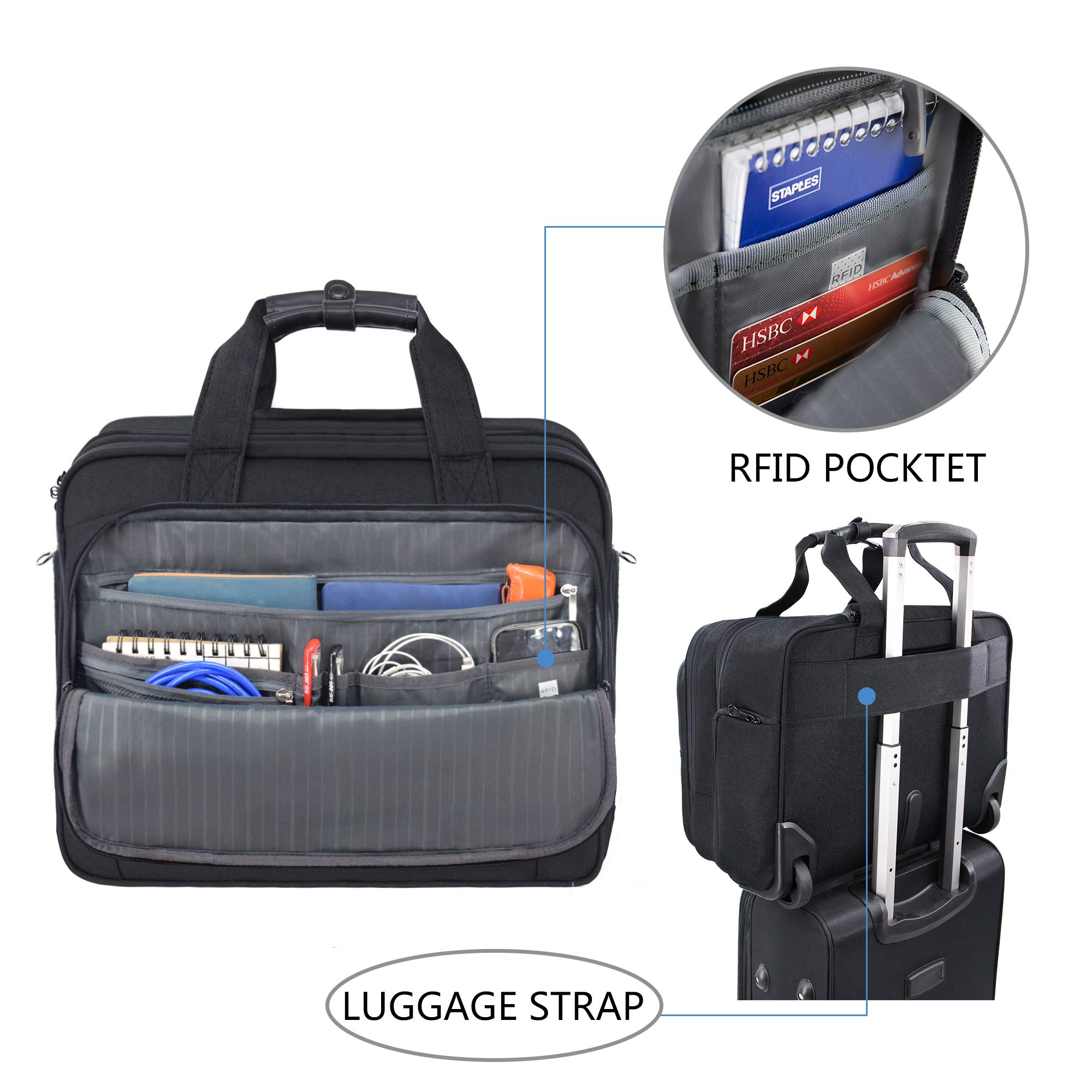 Premium KROSER Rolling Laptop Bag with Wheels - Fits 17.3 Inch Laptop, RFID Pockets for Security - Durable Wheeled Briefcase for Business Travel, Commuting & Overnight Trips (Black, Unisex Design for Men & Women) - Perfect for Airports, Offices & Daily Professional Use