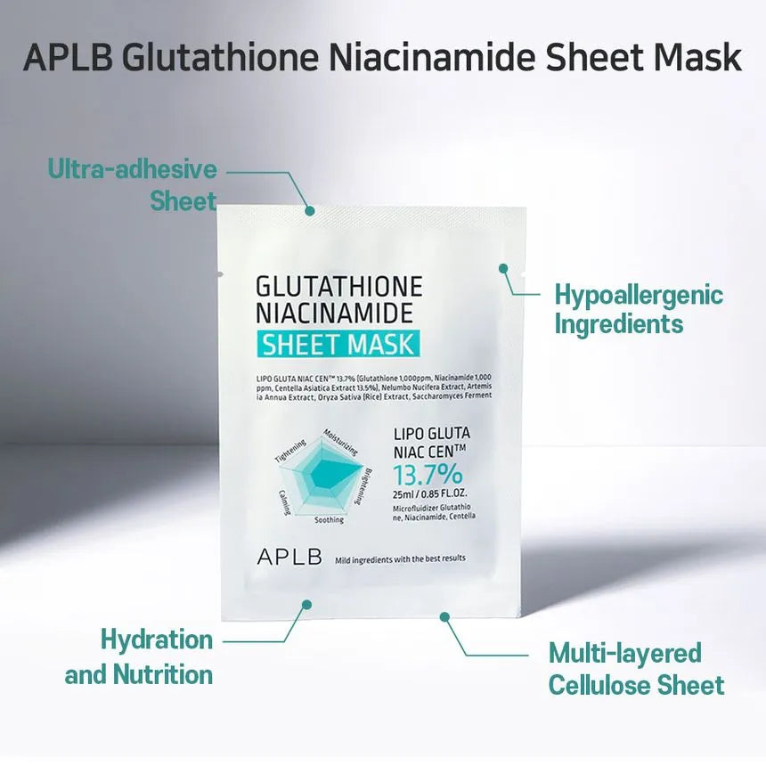 APLB Glutathione & Niacinamide Brightening Sheet Mask (25ml x 10 Pack) - Korean Skincare for Dark Spots & Dull Skin | At-Home Spa Treatment & Daily Hydration