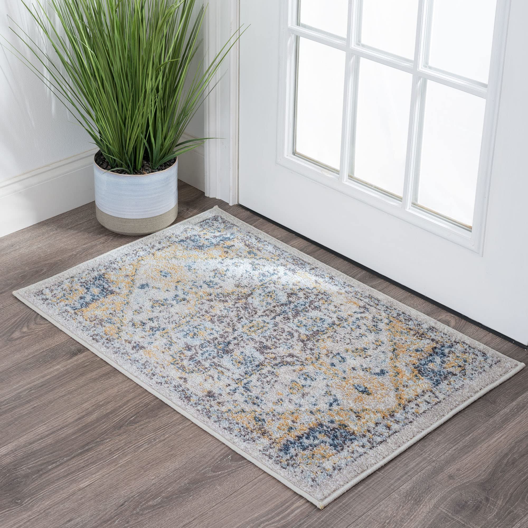 Tiffy Cream 2x3 Entry Rug - Non-Slip Indoor Doormat for Front Door - Small Area Rug for Kitchen & Bathroom - Traditional Medallion Design - Perfect for High Traffic Areas & Home Decor