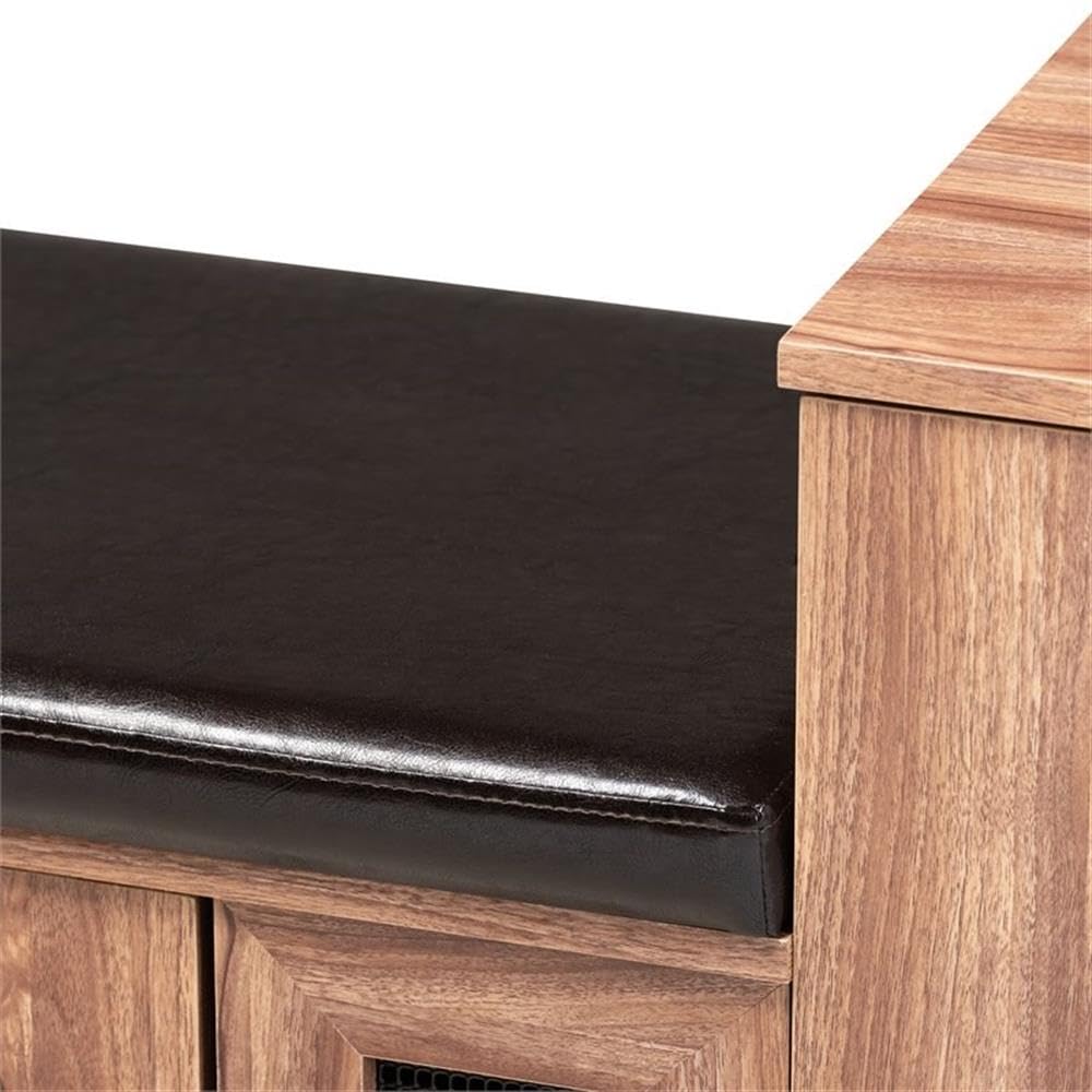 BOWERY HILL Brown Faux Leather 2-Door 5-Shelf Wooden Shoe Storage Bench with Seat - Organize Shoes, Hats & Accessories in Entryway, Bedroom or Closet