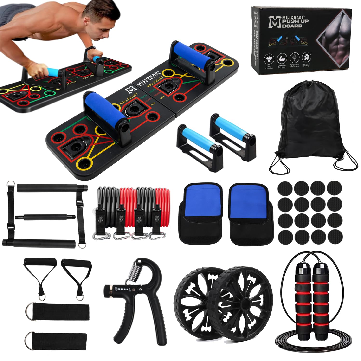 Miliorari Push Up Board with Resistance Bands & Ab Roller - Home Gym Equipment for Full Body Workout - Perfect for Men & Women - Great Gift for Boyfriend - Ideal for Home Fitness, Strength Training and Muscle Building