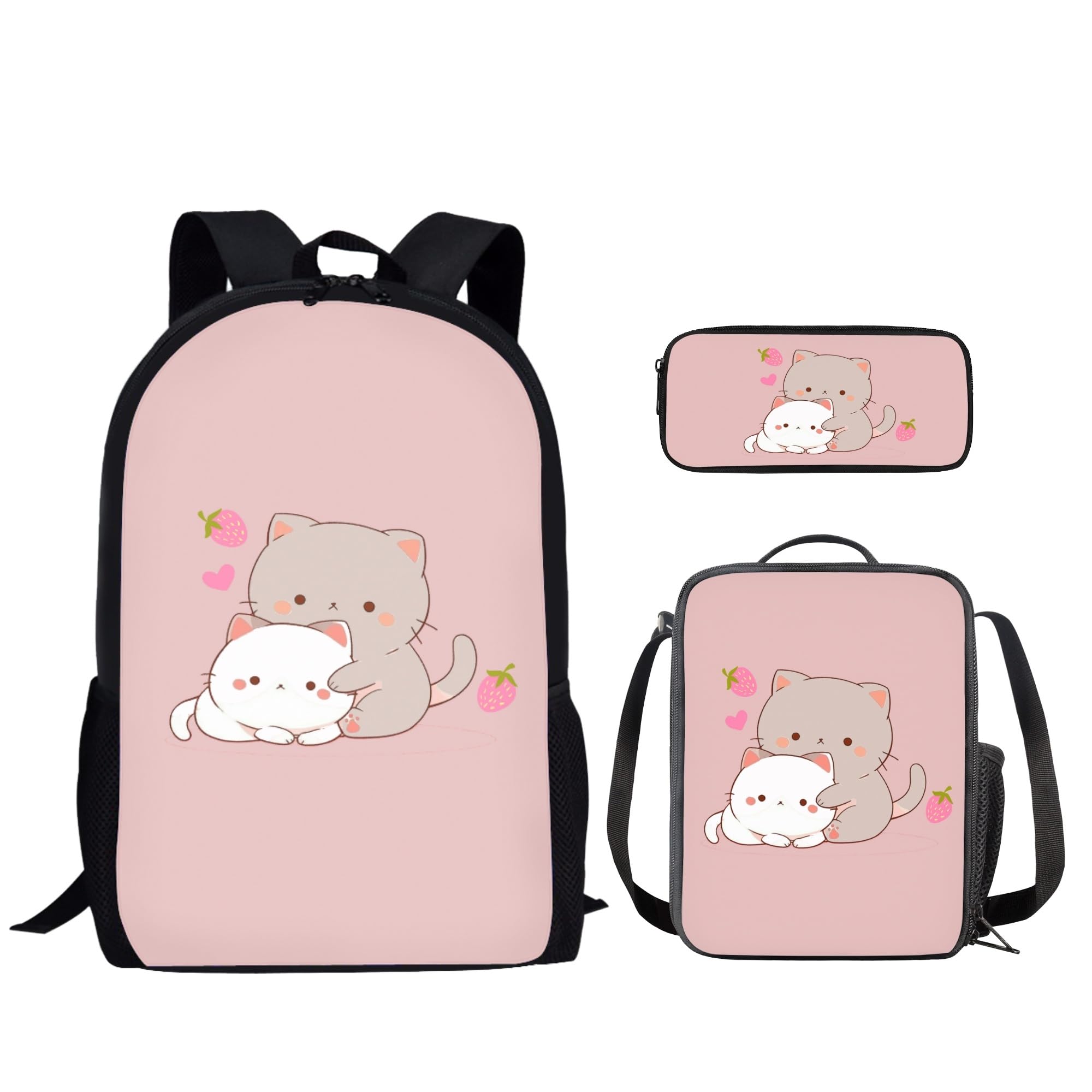 **Cute Strawberry Print Cat Backpack Set for Girls - School Bag with Lunch Box & Pencil Case - Perfect for Elementary & Middle School Students, Teen Girls, and Kids - Ideal for School, Travel, and Daily Use**