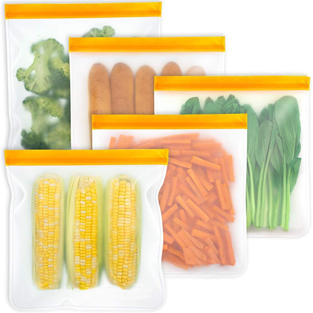 PEVA Reusable Food Storage Bags - 5-Pack Leakproof Gallon Freezer Bags for Sandwich, Fruit, Snacks, Meat & Meal Prep | Eco-Friendly Home Organization | Perfect for Picnics, Camping & Lunch Boxes (Orange)