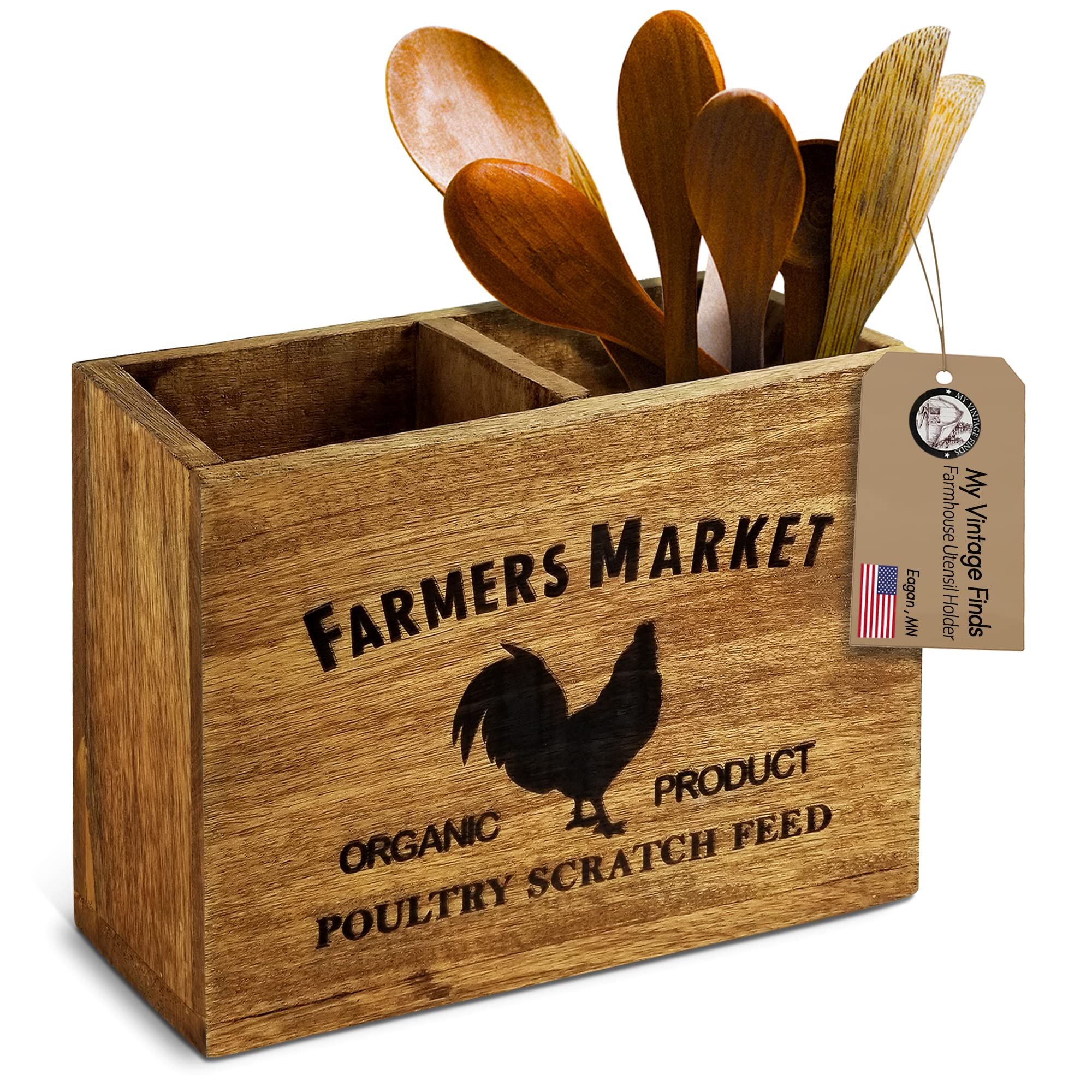 Farmhouse Wooden Utensil Holder for Kitchen Countertop - Rustic Counter Organizer for Spoons, Forks & Cooking Tools | Perfect for Farmhouse, Cottage & Country Style Kitchens