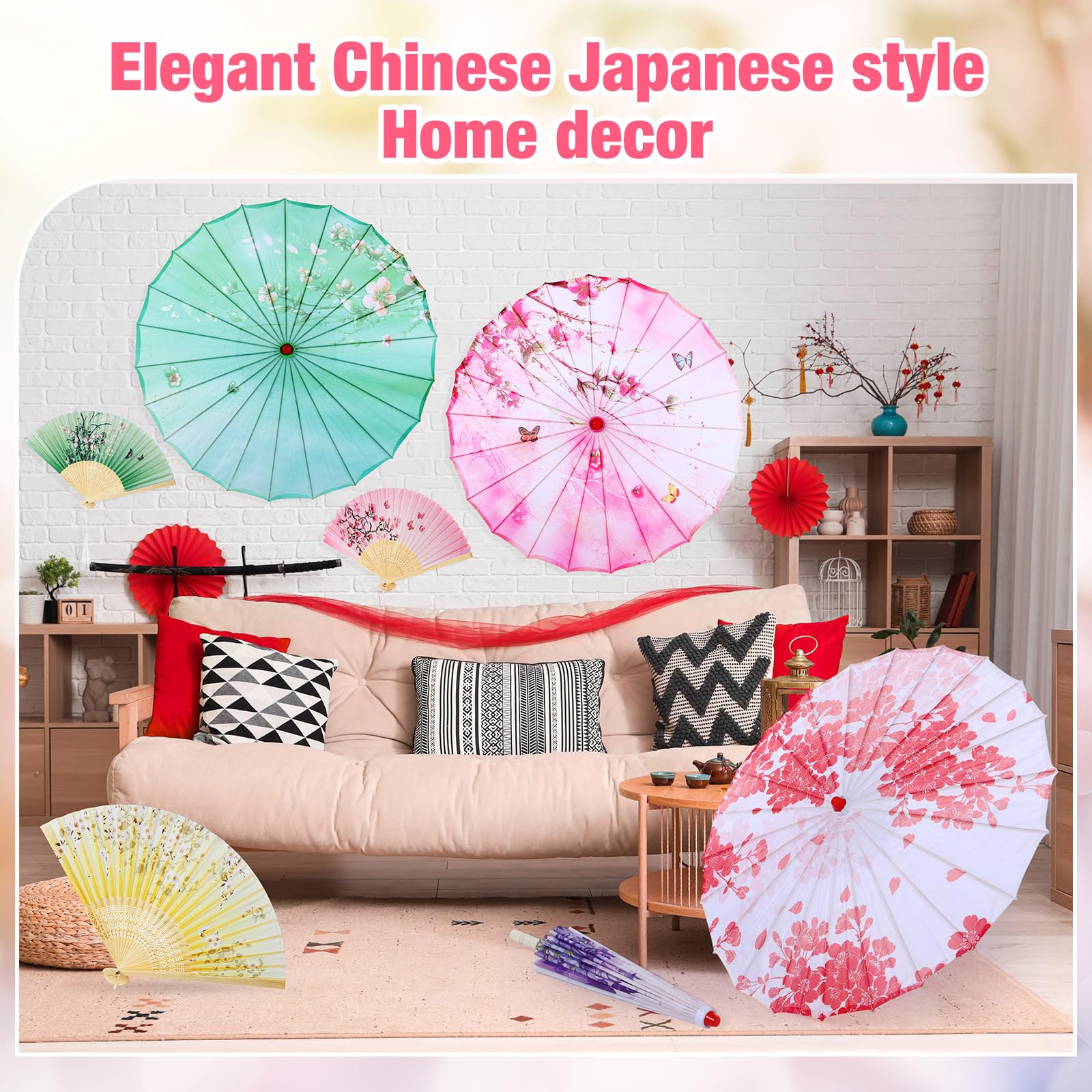 12 Pack Oil Paper Umbrellas & Folding Hand Fans - 32 Inch Chinese Japanese Style Parasols for Wedding, Party, Cosplay - Perfect for Asian Themed Events, Photography Props, and Outdoor Decorations