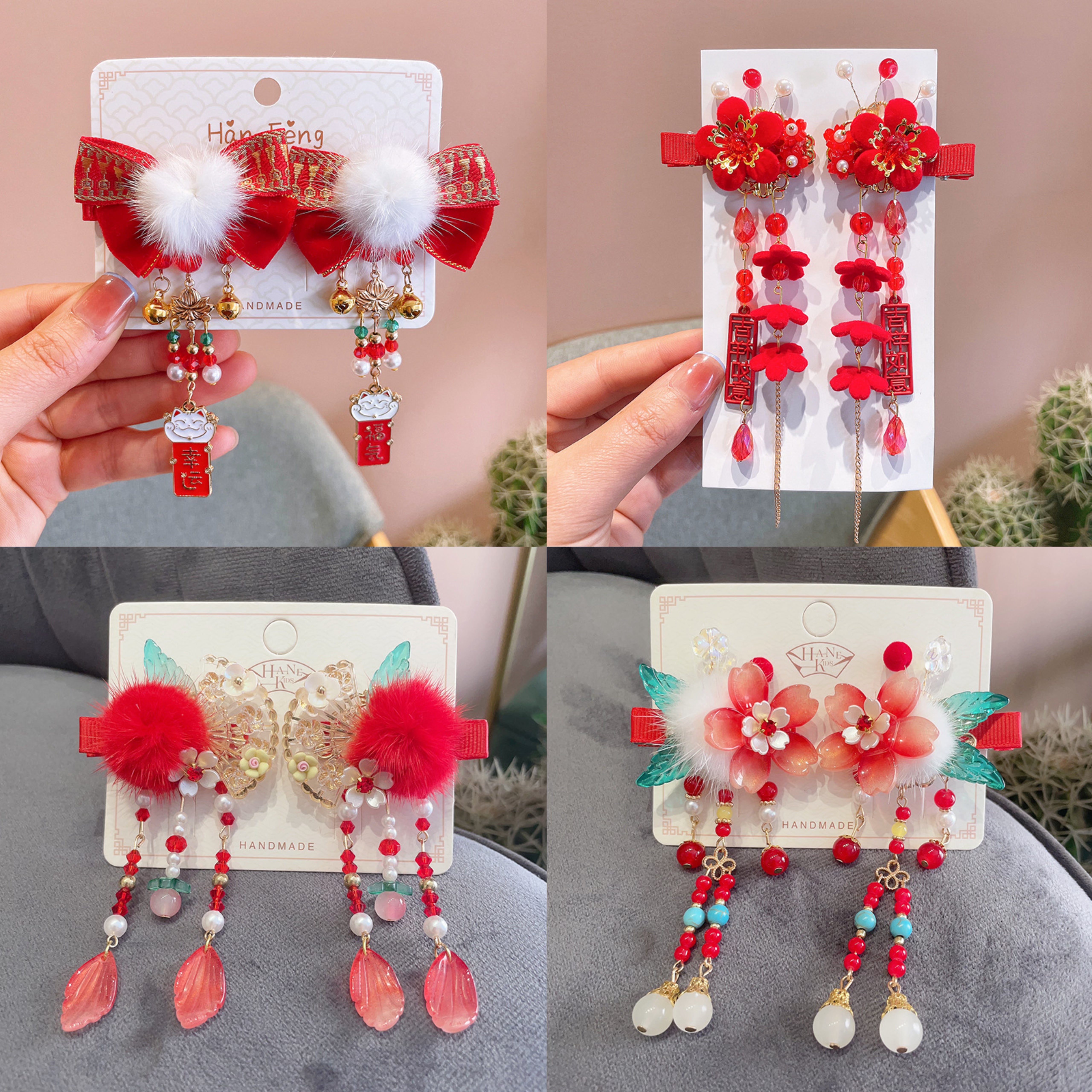Chinese New Year Red Crystal Beads Hair Clips for Kids - Singapore Souvenir Gift for Girls - Perfect for CNY Celebrations, Parties, and Festive Occasions