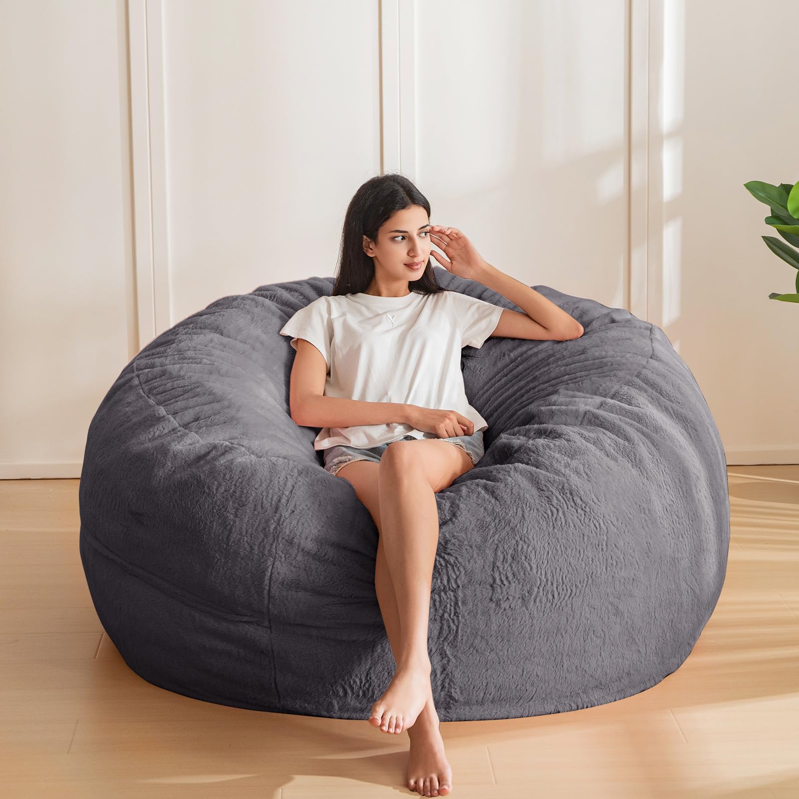 MAXYOYO Large Bean Bag Chair for Adults - Ultra Soft Fur Lazy Sofa with Comfortable Foam Filling for Living Room & Bedroom - Dark Grey - Perfect for Relaxing, Gaming, Reading & Lounging