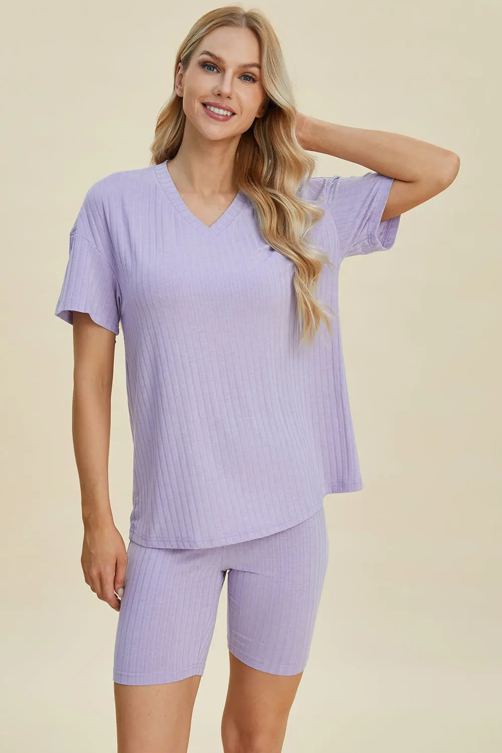 Basic Bae Full Size Ribbed V Neck Short Sleeve Top and Shorts Set - Women's Casual Summer Outfit for Beach, Lounge & Everyday Wear