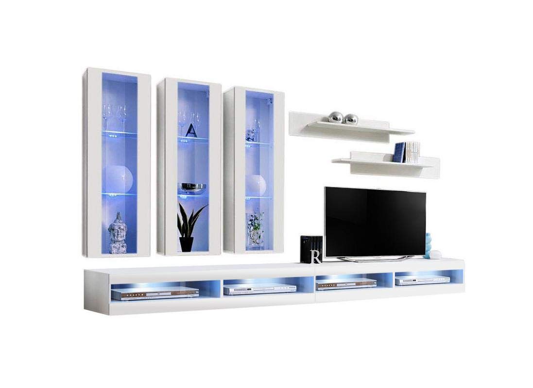 Modern White Wall-Mounted TV Stand with Storage Shelves & LED Lights - 34