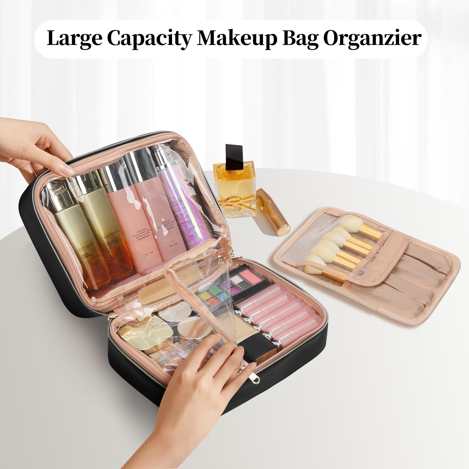 OCHEAL Large Makeup Travel Bag with Brush Compartment & Handle - Waterproof Cosmetic Organizer for Women | Perfect for Vacation, Gym & Daily Essentials Storage (Black)
