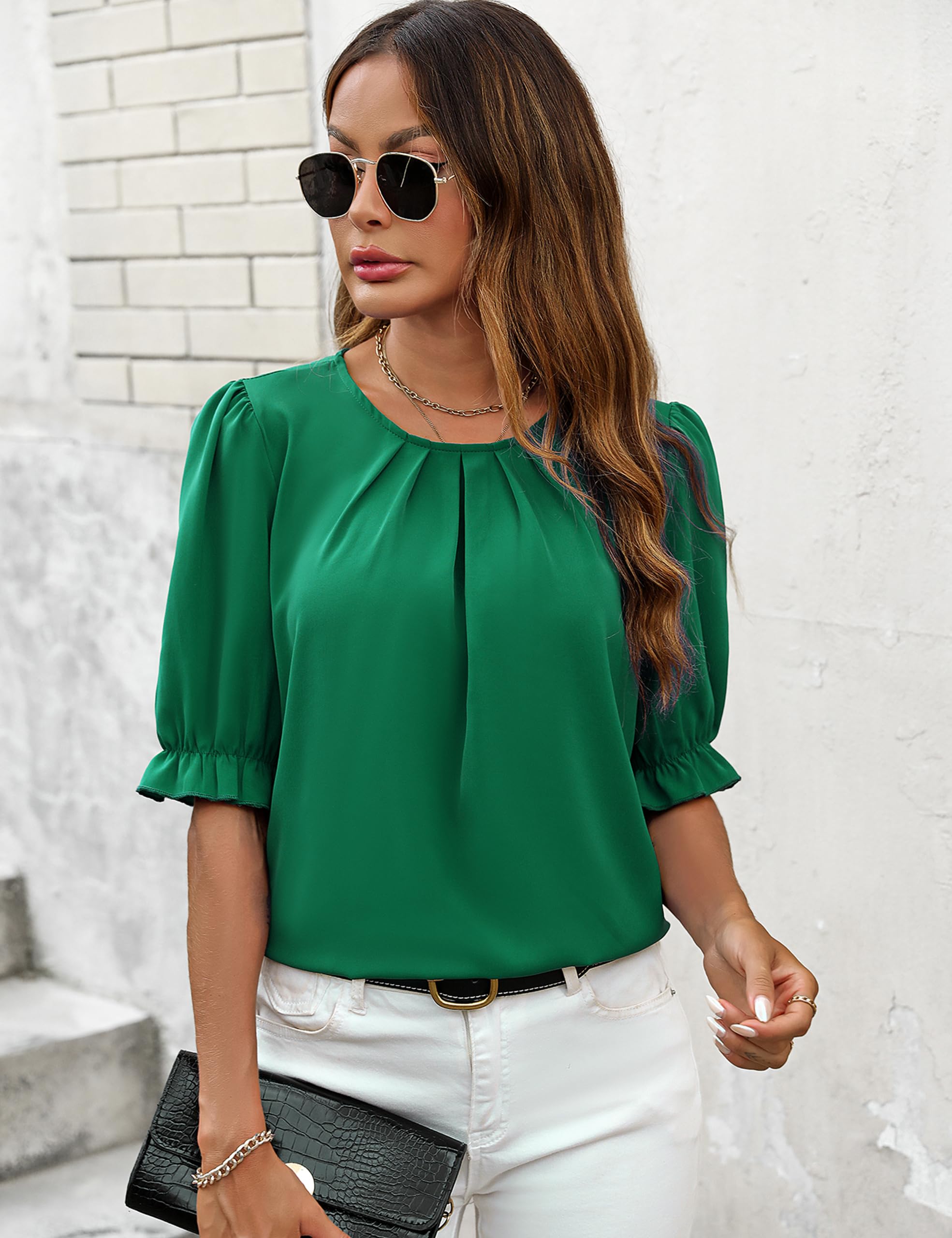 ZILIN Women's Pleated Crew Neck Puff Sleeve Blouse - Elegant Business Casual Tops for Work & Office Wear | Perfect for Professional Meetings, Office Outfits & Smart Casual Occasions